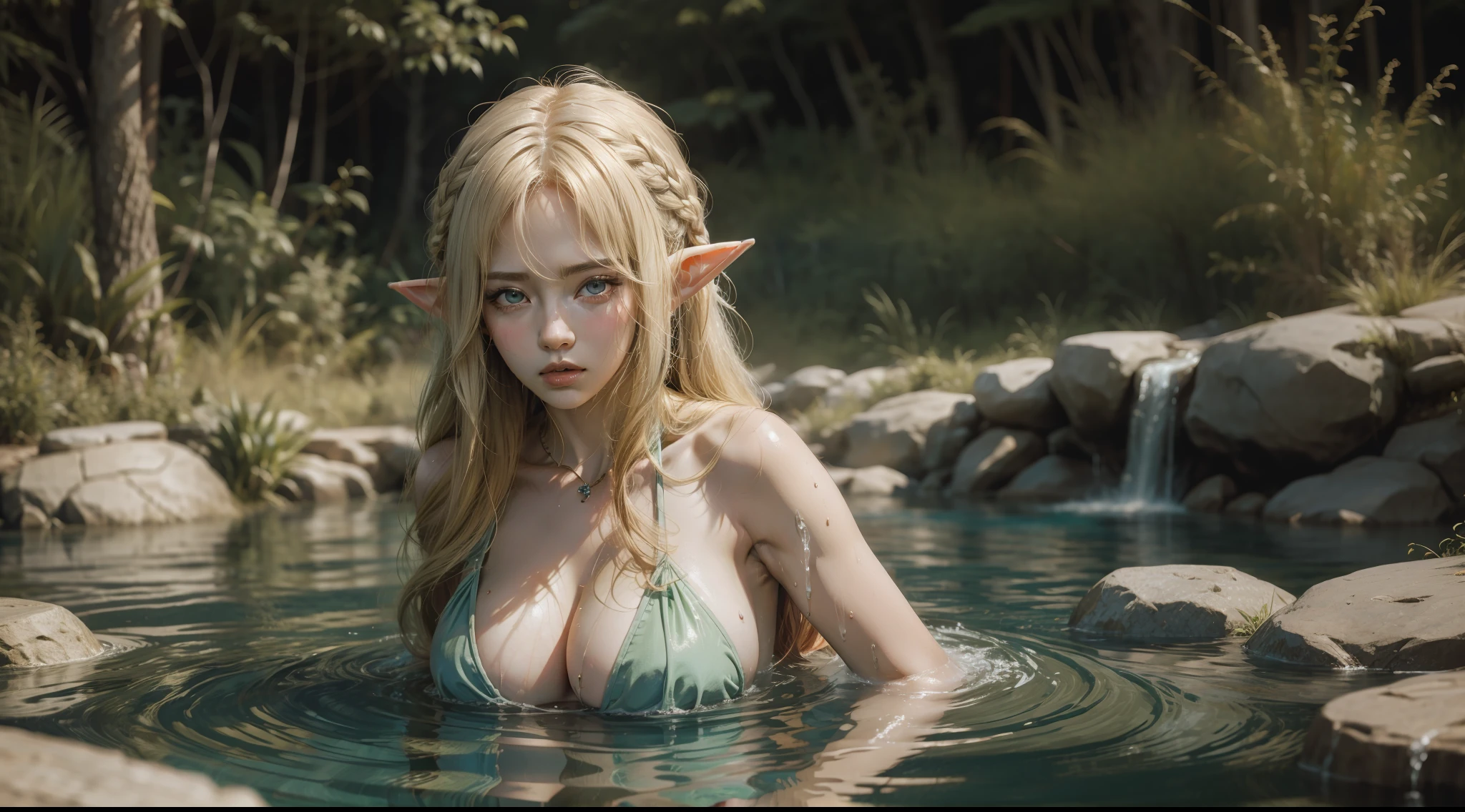 Female elf，Large breasts，Drenched hair，The background is a hot spring，Lazy expression