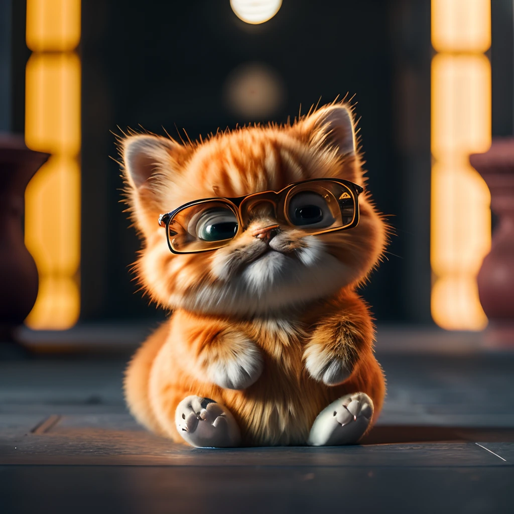 cat, orange, fat, garfield, no_humans, depth of field, disney style, DARK_Glam, wearing DRK_Glam, deep shadow, (dark: 1.4), (8k, RAW photo, best quality, masterpiece: 1.2), big expression happy with mouth