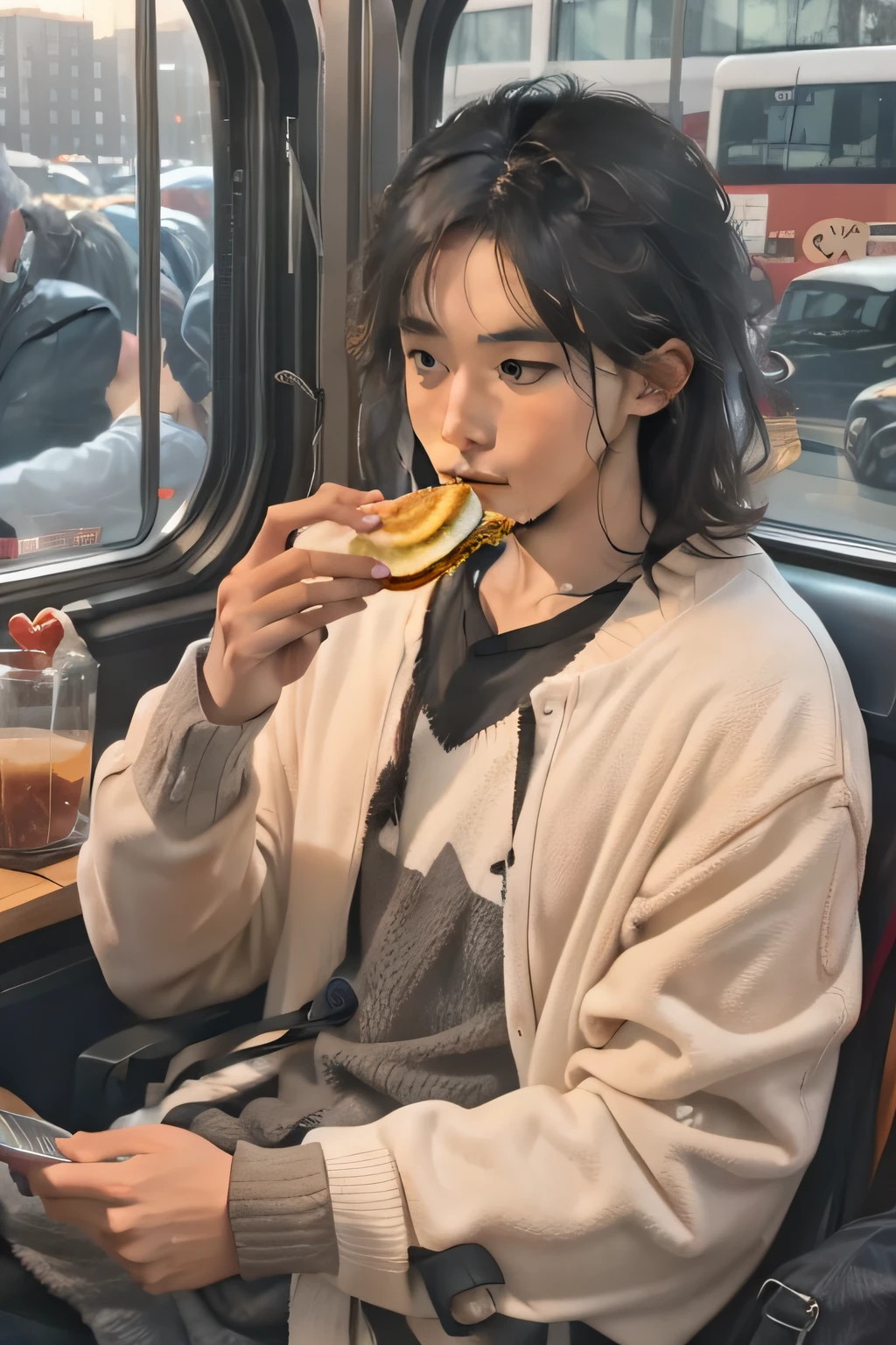 A man eats breakfast on a bus