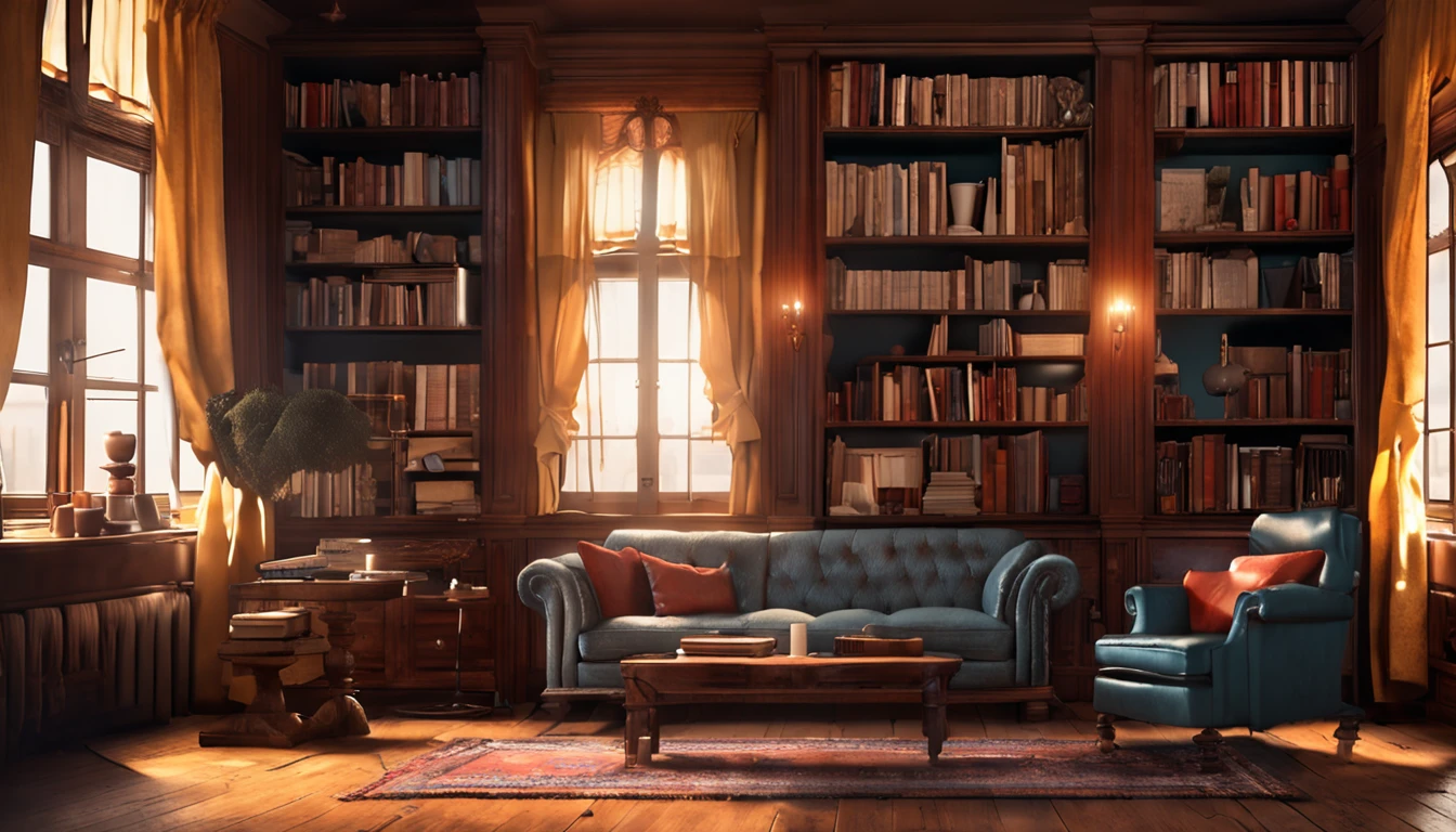 /imagine prompt: A nostalgic atmosphere with Mark Twain's portrait on display, Set in a classic living room filled with dusty bookshelves and dark wood furniture, a luz suave do final da tarde entra pelas janelas, evocando a tranquilidade do passado, oil painting on canvas, cores quentes e ricas, --ar 16:9 --v 5