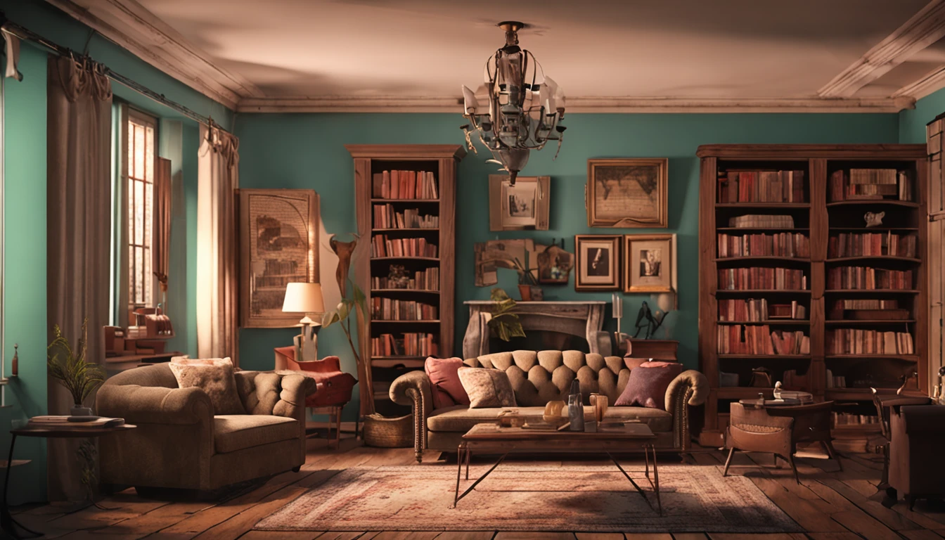 /imagine prompt: A nostalgic atmosphere with Mark Twain's portrait on display, Set in a classic living room filled with dusty bookshelves and dark wood furniture, a luz suave do final da tarde entra pelas janelas, evocando a tranquilidade do passado, oil painting on canvas, cores quentes e ricas, --ar 16:9 --v 5