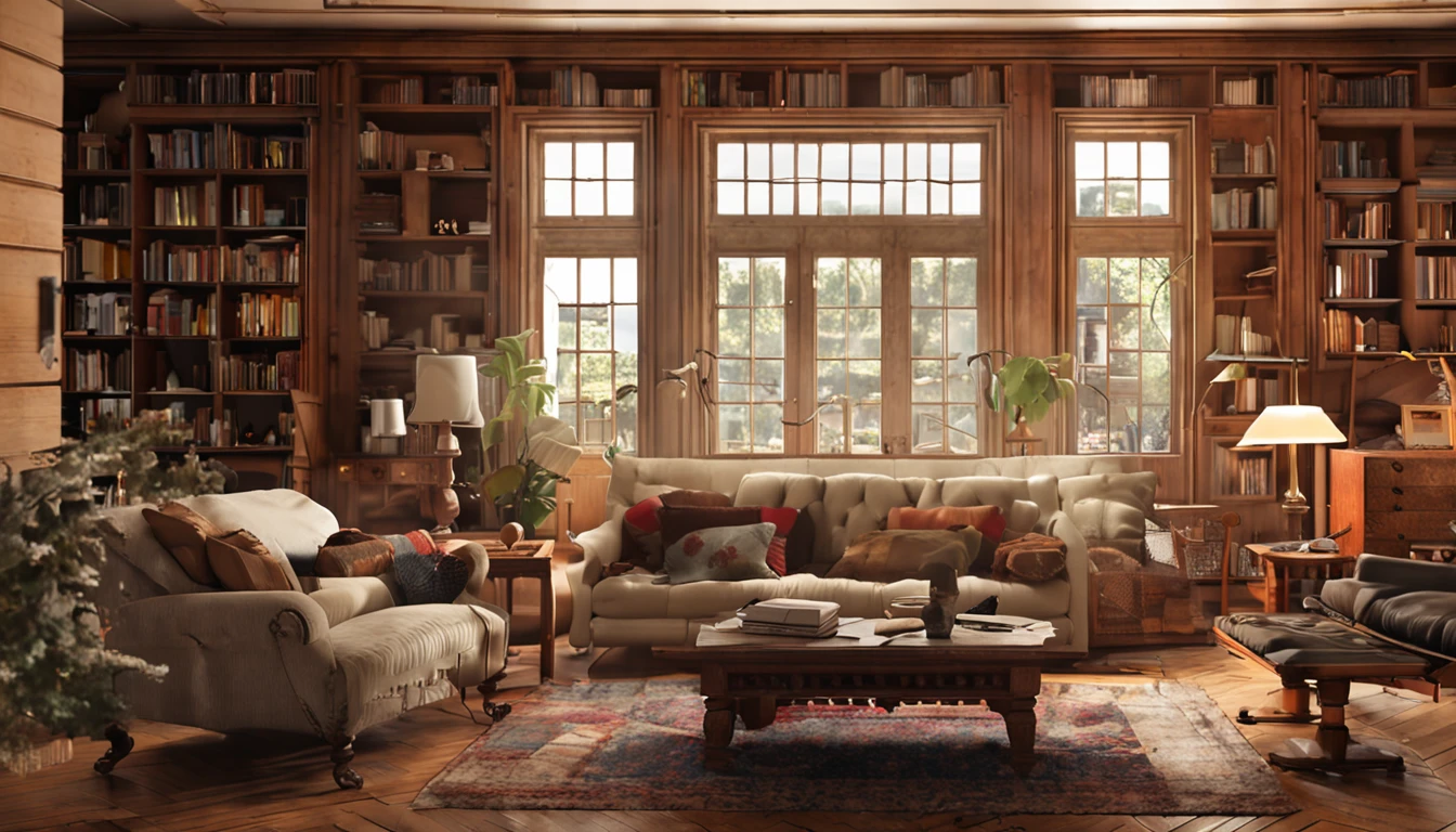 /imagine prompt: A nostalgic atmosphere with Mark Twain's portrait on display, Set in a classic living room filled with dusty bookshelves and dark wood furniture, a luz suave do final da tarde entra pelas janelas, evocando a tranquilidade do passado, oil painting on canvas, cores quentes e ricas, --ar 16:9 --v 5