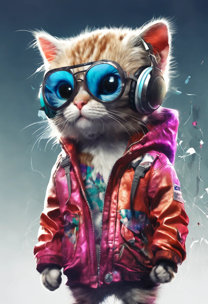 Perfect centering, a cute little cat, Wear a student team jacket, Wearing sunglasses, Wearing headphones, cheerfulness, Standing position, Abstract beauty, Centered, Looking at the camera, Facing the camera, nearing perfection, Dynamic, Highly detailed,  smooth, Sharp focus, 8K, high definition resolution, illustration, Art by Carne Griffiths and Wadim Kashin, White background