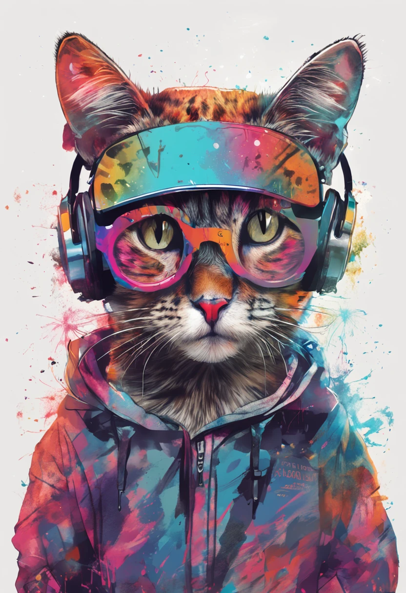 Perfect centering, a cute little cat, Wear a student team jacket, Wearing sunglasses, Wearing headphones, cheerfulness, Standing position, Abstract beauty, Centered, Looking at the camera, Facing the camera, nearing perfection, Dynamic, Highly detailed,  smooth, Sharp focus, 8K, high definition resolution, illustration, Art by Carne Griffiths and Wadim Kashin, White background