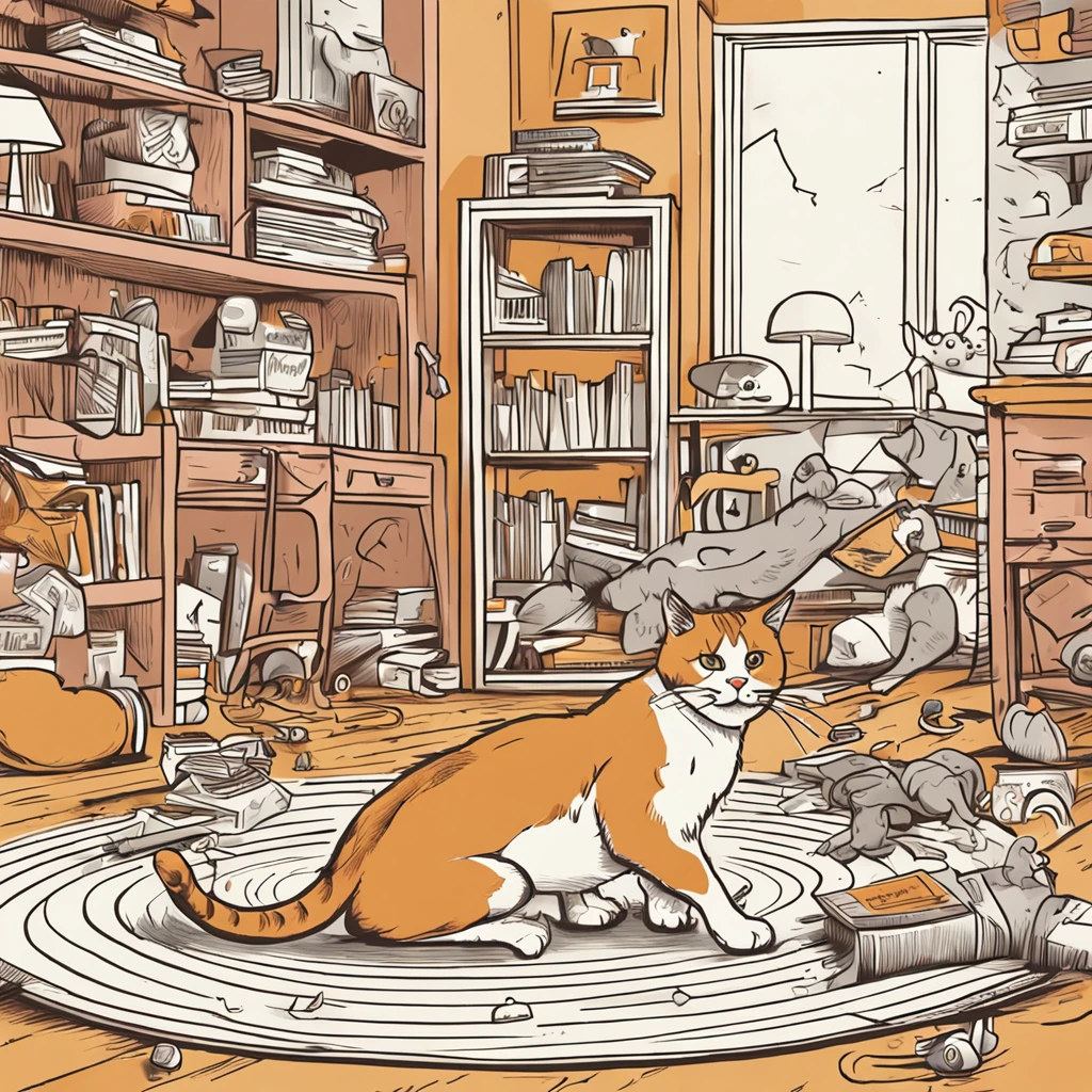 Draw a cat jumping from one piece of furniture to another, in a room full of toys strewn across the floor. Make use of dynamic lines to show the agility and grace of the cat during play