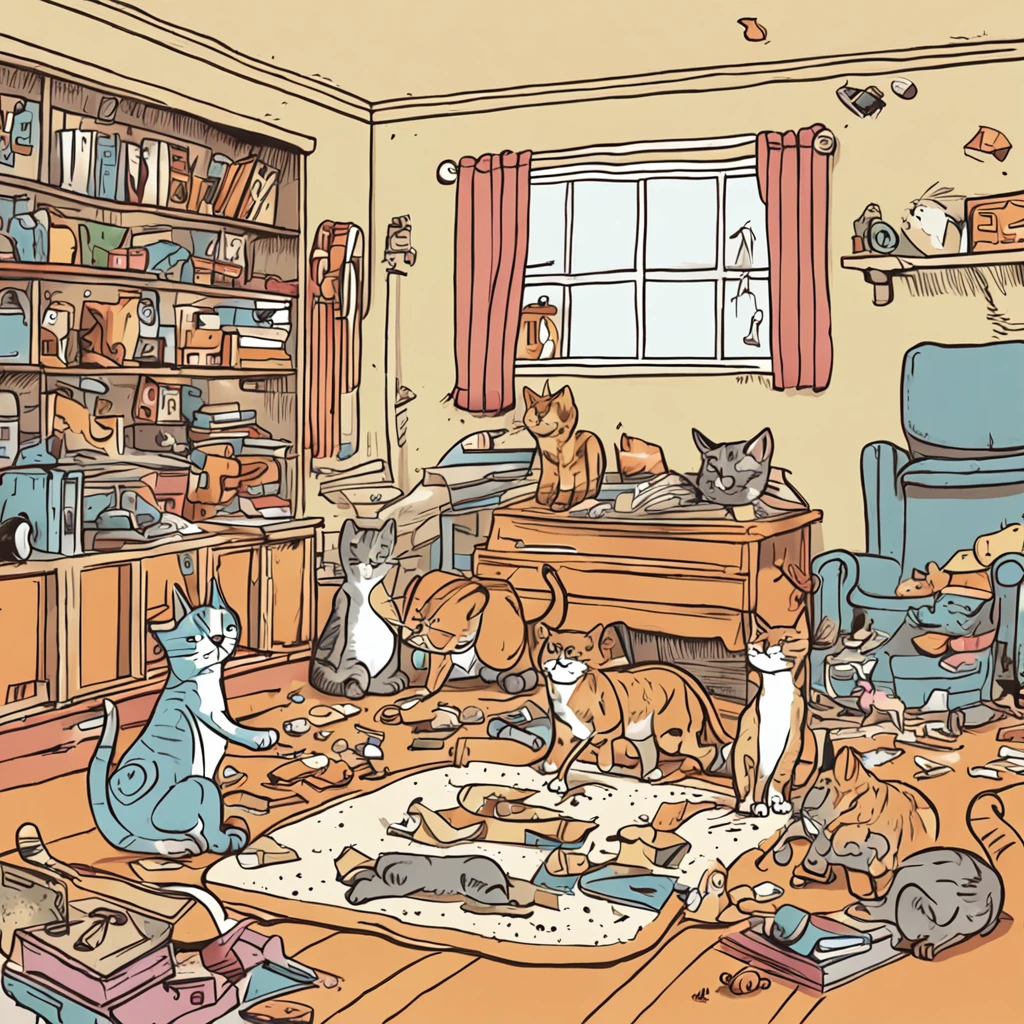 Draw a cat jumping from one piece of furniture to another, in a room full of toys strewn across the floor. Make use of dynamic lines to show the agility and grace of the cat during play