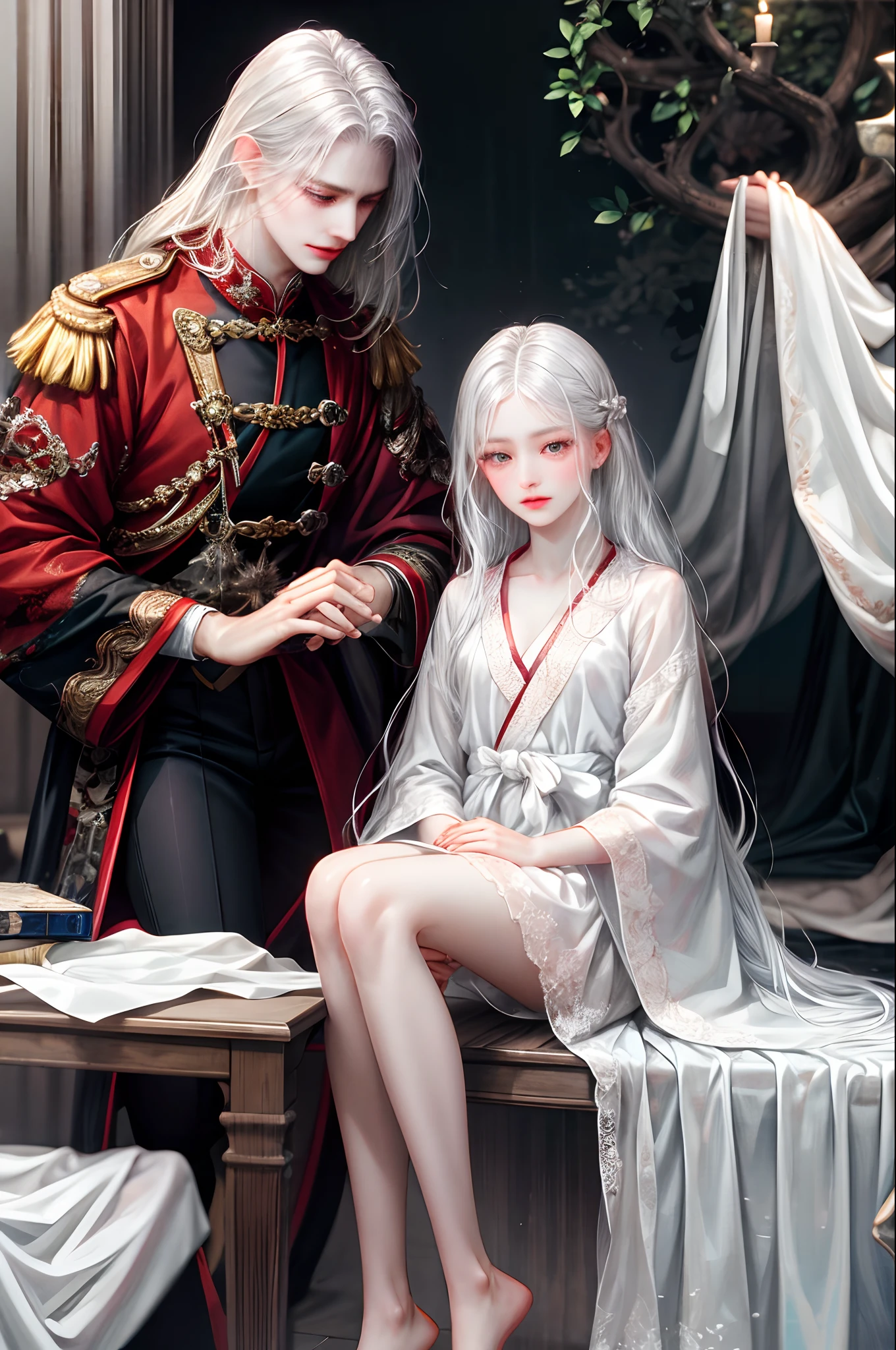 Realistis，Beautuful Women，Long legs，Bai Humei，blacksilk，，Long whit hair，White hair，kneeking，The eye，coquetry