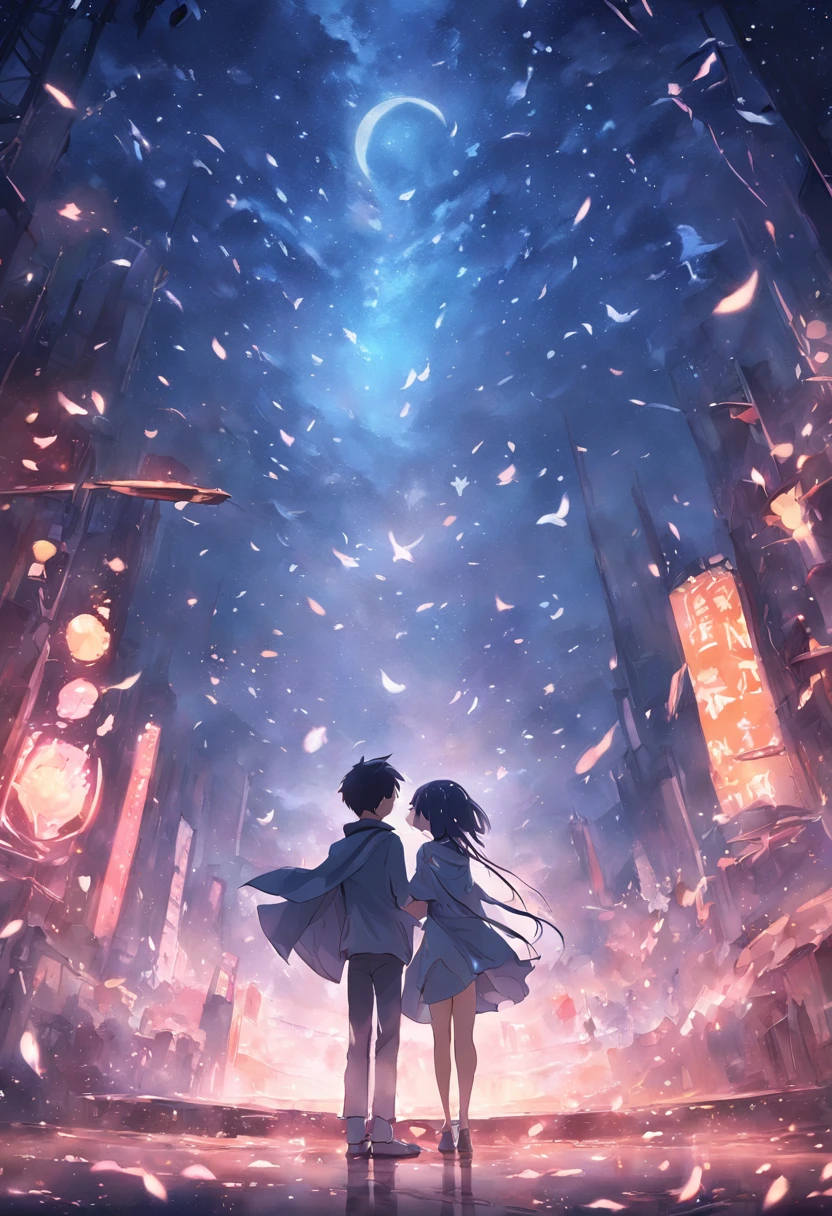dream colors,tmasterpiece,the detail,starryskybackground,Clouds,Light and shadow effects,film effect,Rich in color,A couple,Embrace each other,In kissing,Petals rained down,Full moon night