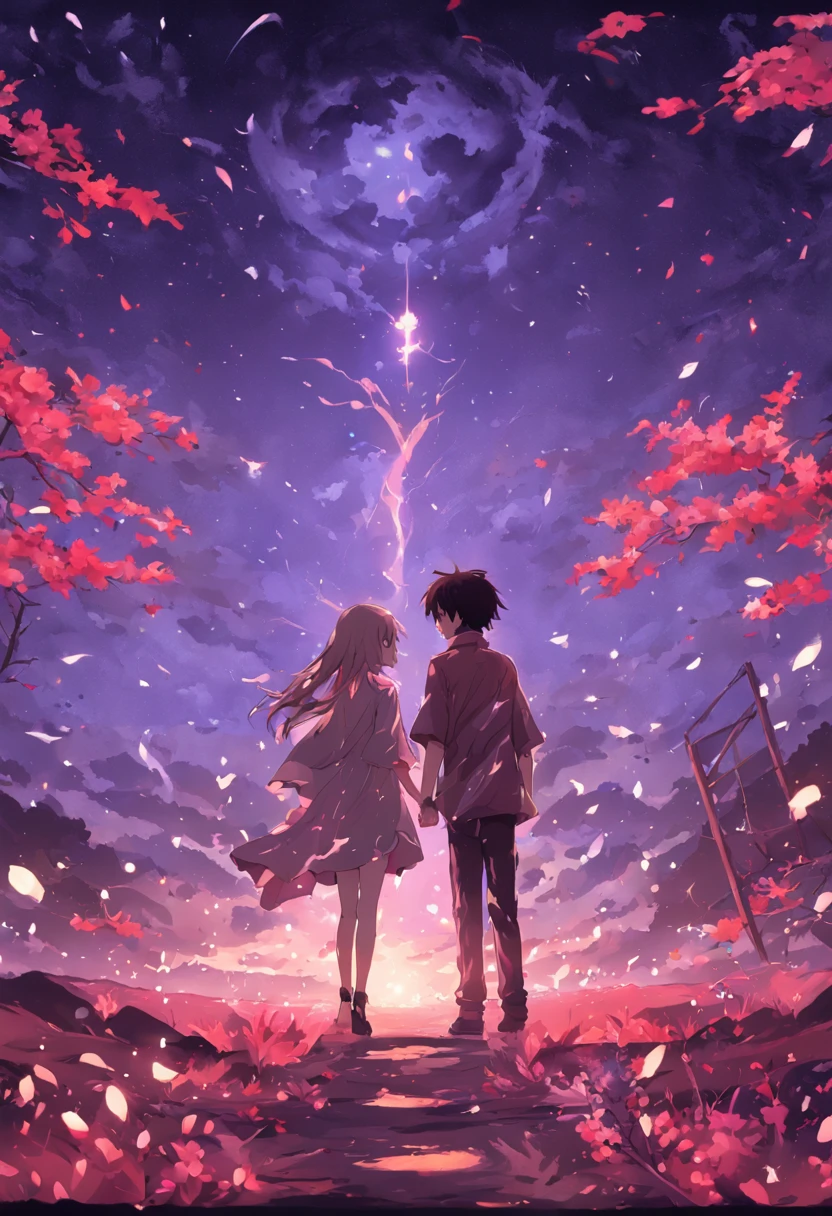 dream colors,tmasterpiece,the detail,starryskybackground,Clouds,Light and shadow effects,film effect,Rich in color,((A couple)),Embrace each other,((((In kissing)))),Petals rained down,Full moon night,Blooming with flowers,blurryforeground,Depth of field effect,