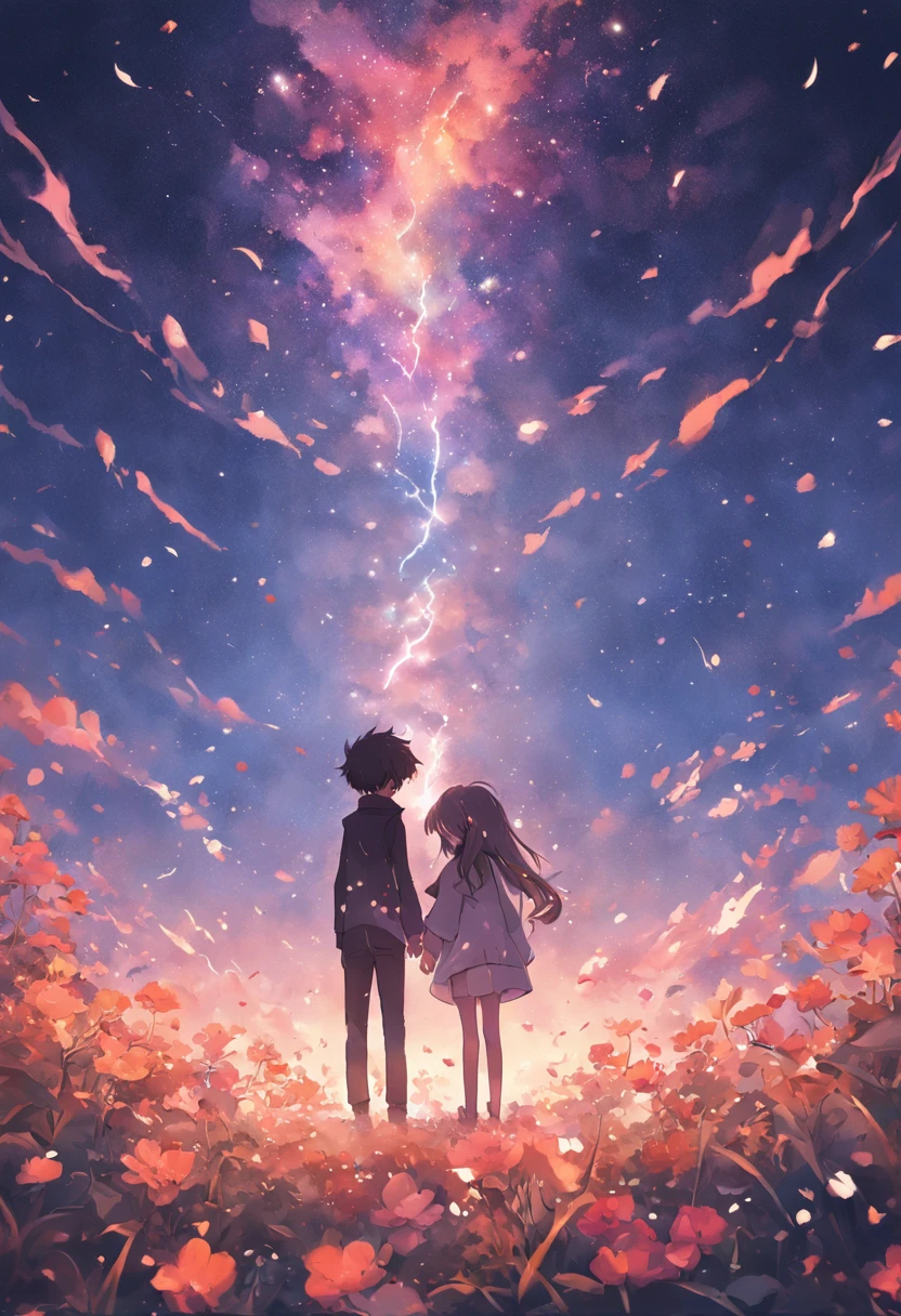 dream colors,tmasterpiece,the detail,starryskybackground,Clouds,Light and shadow effects,film effect,Rich in color,((A couple)),Embrace each other,((((In kissing)))),Petals rained down,Full moon night,Blooming with flowers,blurryforeground,Depth of field effect,