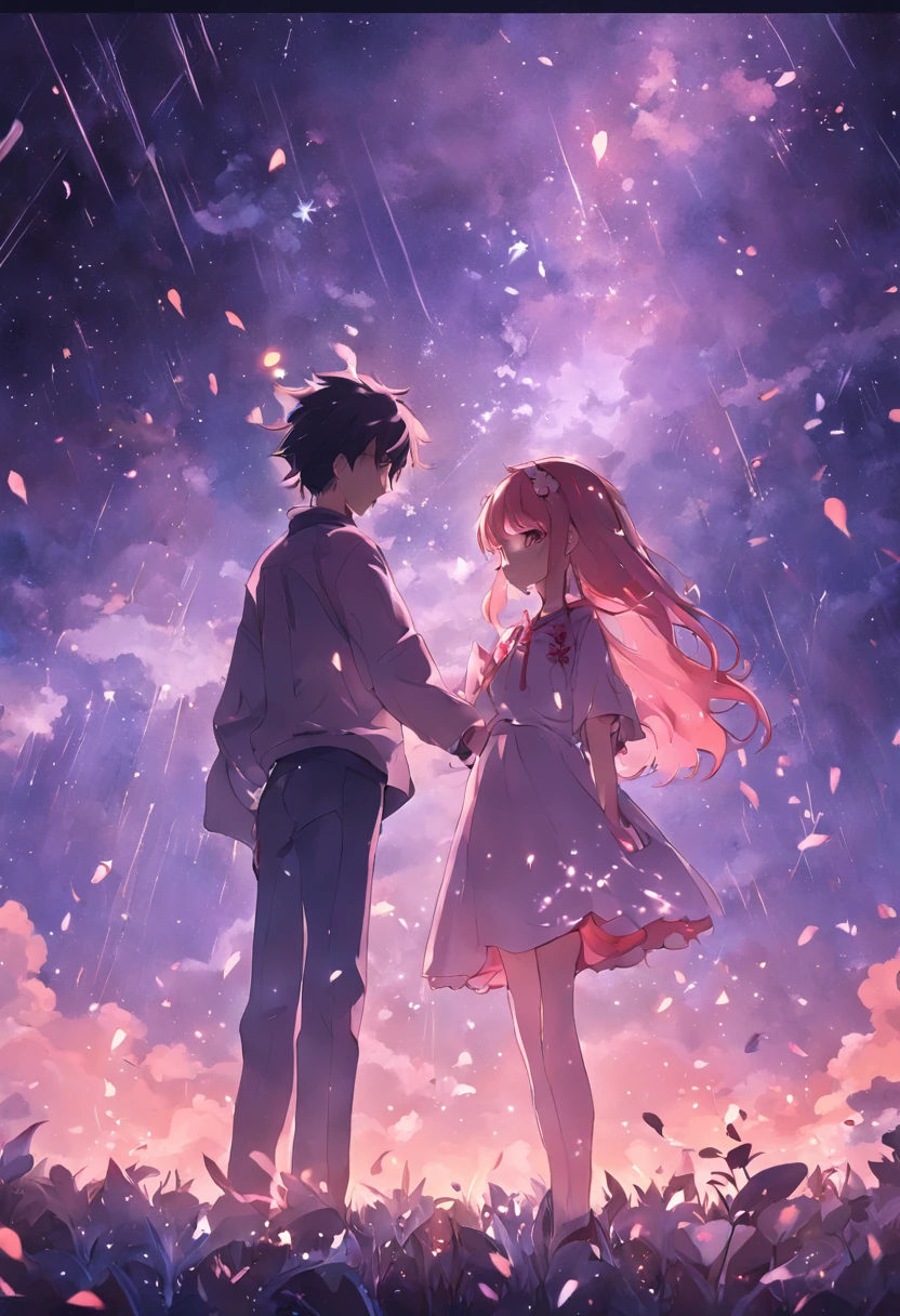 dream colors,tmasterpiece,the detail,starryskybackground,Clouds,Light and shadow effects,film effect,Rich in color,((A couple)),Embrace each other,((((In kissing)))),Petals rained down,Full moon night,Blooming with flowers,blurryforeground,Depth of field effect,