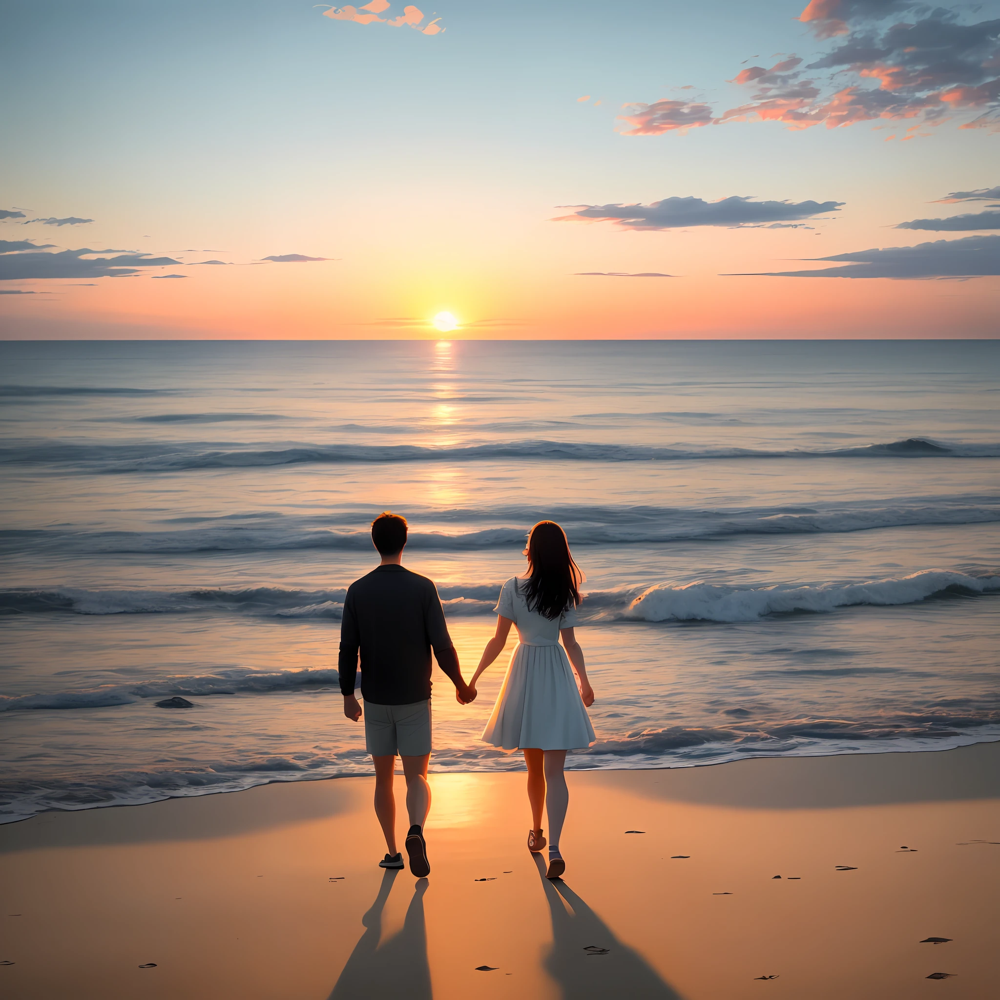 A couple holding hands walking on the beach, leaving footprints on the sand, with a beautiful sea view in the background, natural colors, soft light and shadow, warm and touching, shot at dusk, positive film, using AI rendering technology, virtual engine, 8K ultra HD. --v 5.1 --ar 1:1 --auto --s2