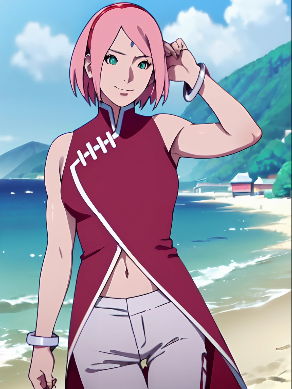 masterpiece, 4k, portrait, closeup, professional artwork, detailed beach background, intricate details, colorful, digital blending, (ultra detailed body, ultra detail hair, ultra detail face), trending on pixiv, kind smile, best quality, anime style: 1.9, 1girl, hires, haruno sakura, (forehead mark, milf, red hairband, pale skin, short hair, ((red sleeveless dress), white pants), (navel, belly button, bracelet, pink hair, closed mouth, big eyes), smile, beach, wind, floating hair, detailed arms, off-shoulders, broad shoulders, slightly muscular arms, (dirty armpits, armpit pocket), standing, winking, one eye closed)