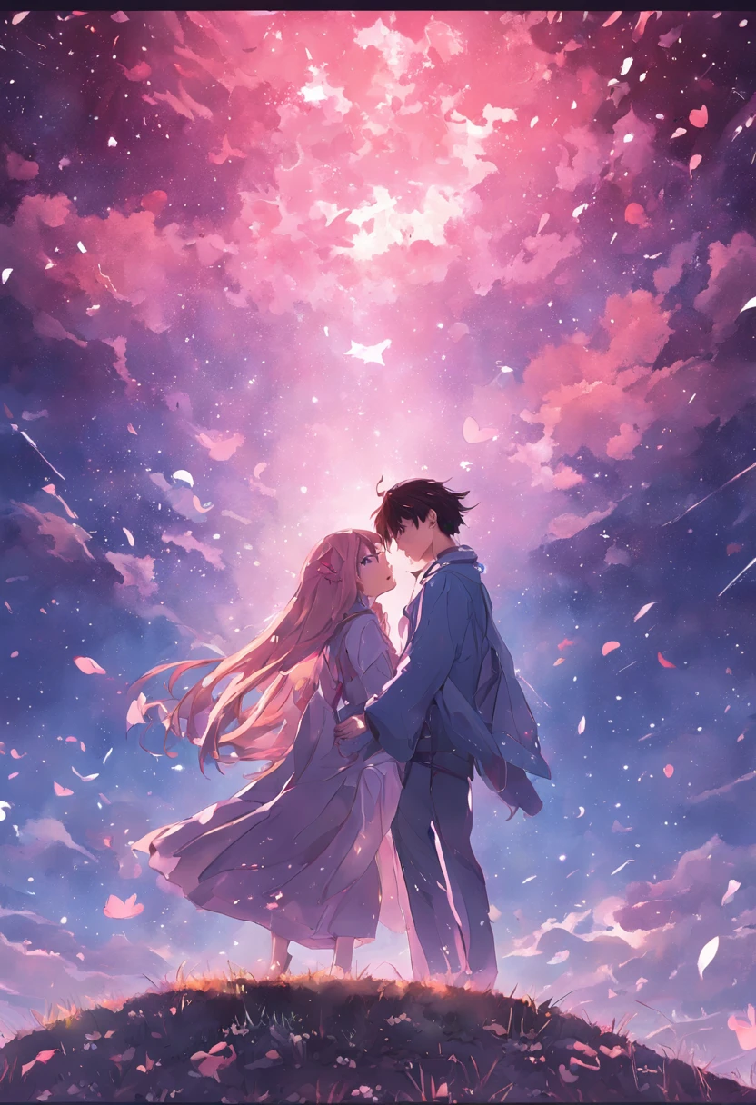 dream colors,tmasterpiece,the detail,starryskybackground,Clouds,Light and shadow effects，film effect,Rich in color，（（A couple）），Embrace each other，（（（（In kissing）））），Petals rained down，Full moon night，Blooming with flowers，blurryforeground，Depth of field effect，A half body