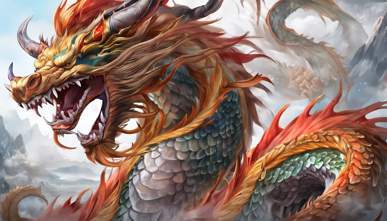 Chinese Dragon, full bodyesbian, drak, Extremely detailed Cg Unity 8K wallpaper), (Colorful:1.2), Long hair, Sharp teeth, Red eyes, teeth, Huge, Hires upscale: 1.7, Hires upscaler: 4x_NMKD-Siax_200k, Noise Removal Strength: 0.45, Lifelike texture, Dynamic Angle, (((+++Lightning is intertwined with the body///))), Colorful auspicious clouds, shadowing, Atmospheric perspective, in a panoramic view, Wide shot, 16k, Anatomically correct, Super detail