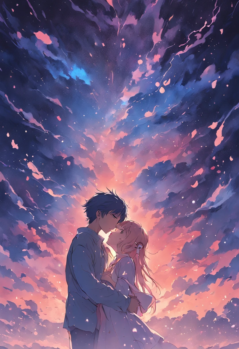dream colors,tmasterpiece,the detail,starryskybackground,Clouds,Light and shadow effects,film effect,Rich in color,A couple,Embrace each other,In kissing,Petals rained down,Full moon night