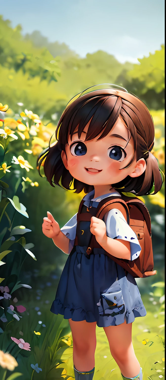 A very charming *********** with a backpack and her cute little dog enjoying a cute spring excursion surrounded by beautiful yellow flowers and nature. The illustration is a high-definition illustration in 4K resolution with highly detailed facial features and cartoon-style visuals