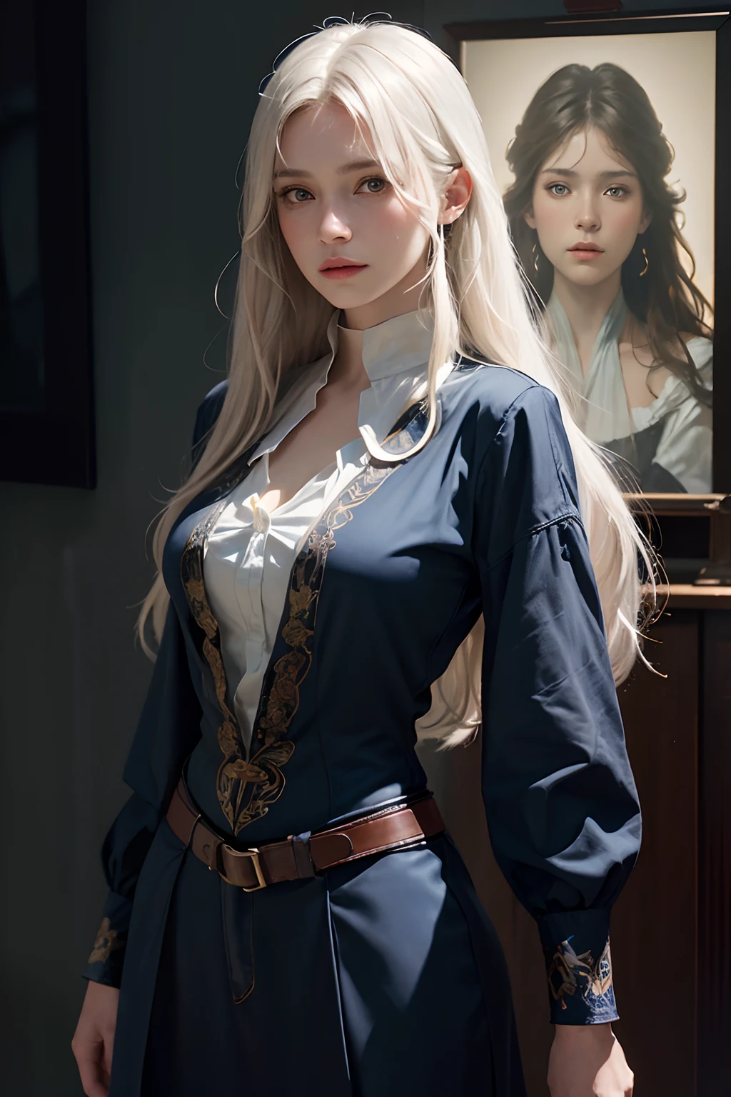 Hyperrealist portrait of female by david hockney and alphonse mucha,fantasy art, photo realistic, dynamic lighting, artstation, poster, volumetric lighting, very detailed faces, 4 k, award winning,, 1girl, in the dark, deep shadow, low key,cowboy shot,(official clothing:1.4) ,long hair,white hair,