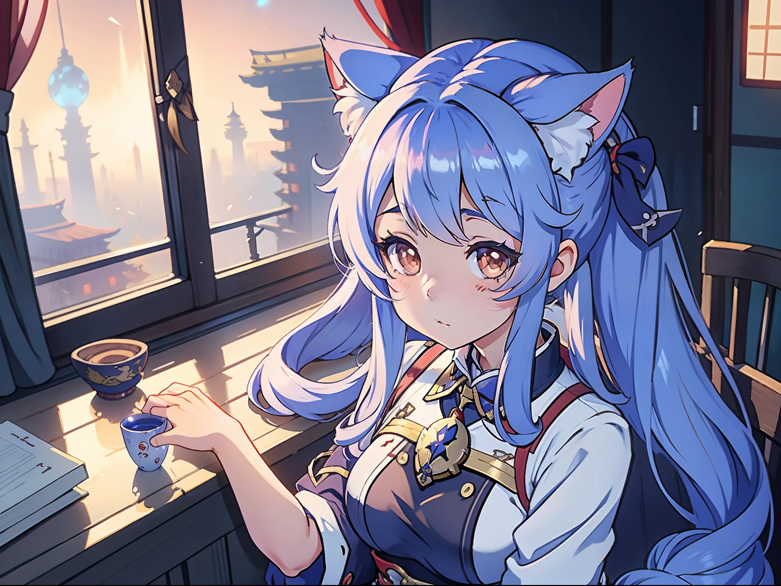 anime girl with long hair and a cat ears sitting on a window sill, Anime cat girl wearing Japanese high school girl costume, Very beautiful anime cat girl, azur lane style, beautiful anime catgirl, seductive anime girls, A scene from the《azur lane》videogame, Anime girl wearing a Japanese high school girl costume, Anime moe art style, 《azur lane》role, Cute anime Waifu dressed,Beautiful 4K high quality RTX shader