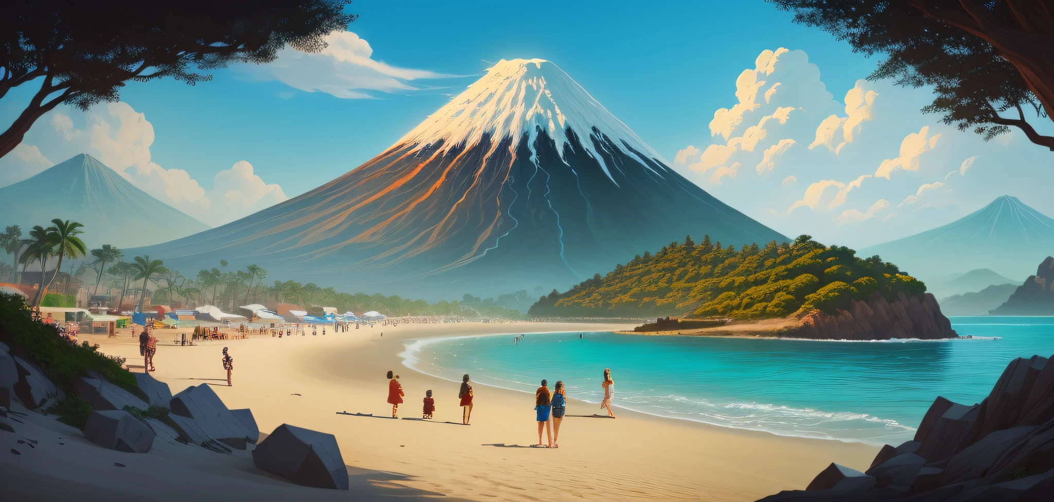 Cartoon of a beach scene with people on the sand and a volcano with surrounding forest and a city, Game Illustration, arte de fundo, stylized digital illustration, arte estilizada do jogo, mobile game art, Design de ambiente de jogo 2D, Captura de tela oficial, arte conceitual estilizada, pintado como uma arte conceitual de jogo, cena detalhada, detailed game art illustration, arte conceitual para um videogame