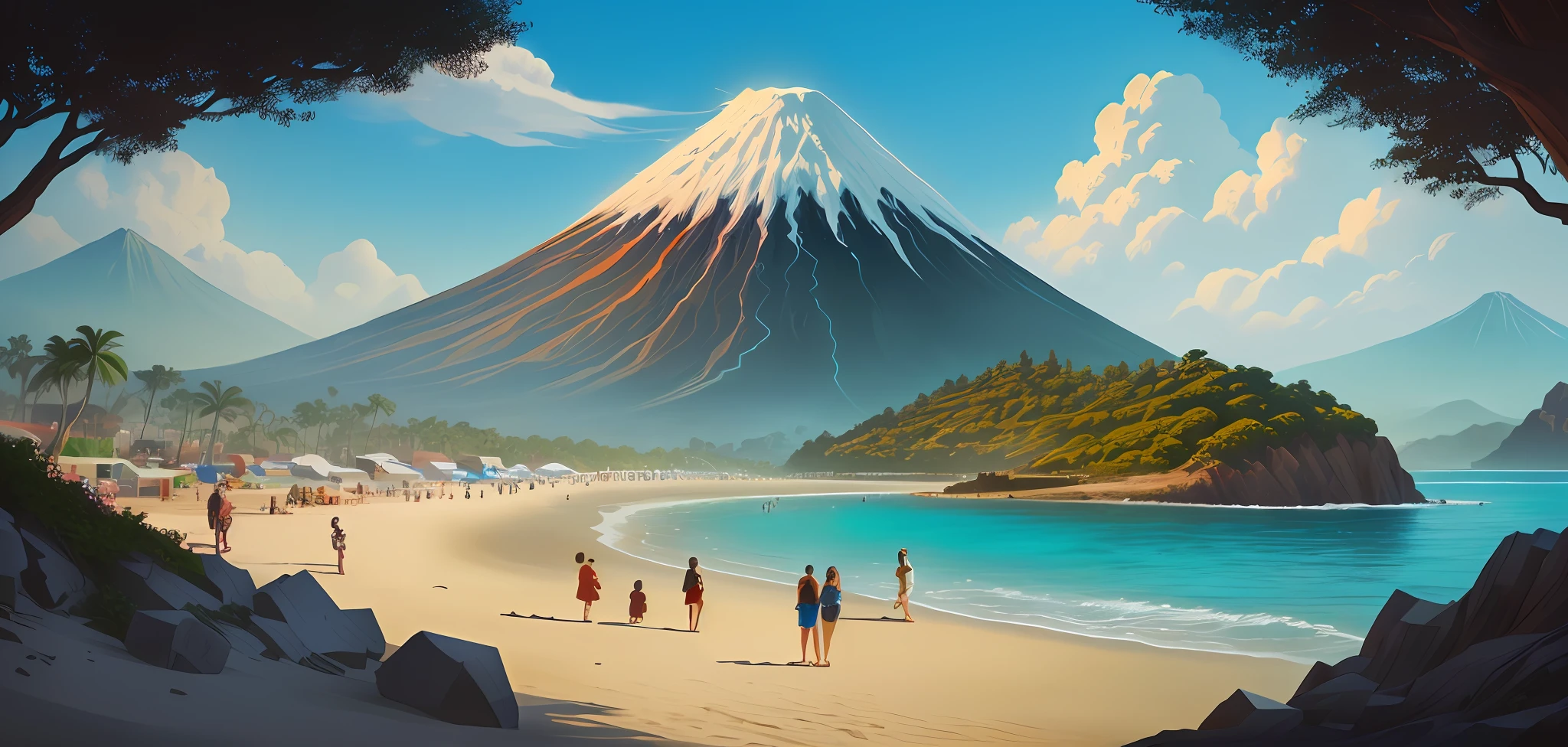 Cartoon of a beach scene with people on the sand and a volcano with surrounding forest and a city, Game Illustration, arte de fundo, stylized digital illustration, arte estilizada do jogo, mobile game art, Design de ambiente de jogo 2D, Captura de tela oficial, arte conceitual estilizada, pintado como uma arte conceitual de jogo, cena detalhada, detailed game art illustration, arte conceitual para um videogame