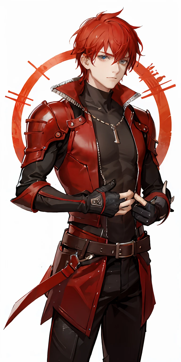 ((4k, masterpiece, best quality)), 1boy, , he wears red leather armor and a longsword. He has hair as red as fire and eyes as blue as the sky.