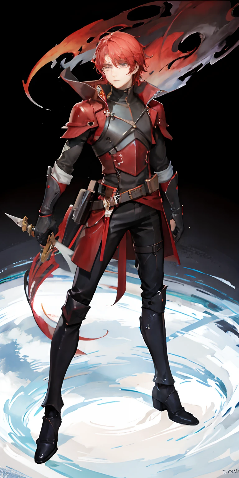 ((4k, masterpiece, best quality)), 1boy, 17 years old, he wears red leather armor and a longsword. He has hair as red as fire and eyes as blue as the sky.