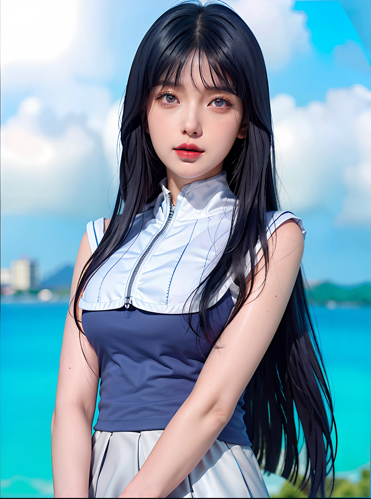 a close up of a person with long hair and a hoodie, hinata hyuga, hinata hyuga from naruto, from naruto, as an anime character, perfect anime face, she has dark blue hair with bangs, female anime character, anime character, anime best girl, hime cut hairstyle, dark blue hair, (red glossy lips:1.3), light purple eyes, big breasts, realistic, ultra detail, indoor background