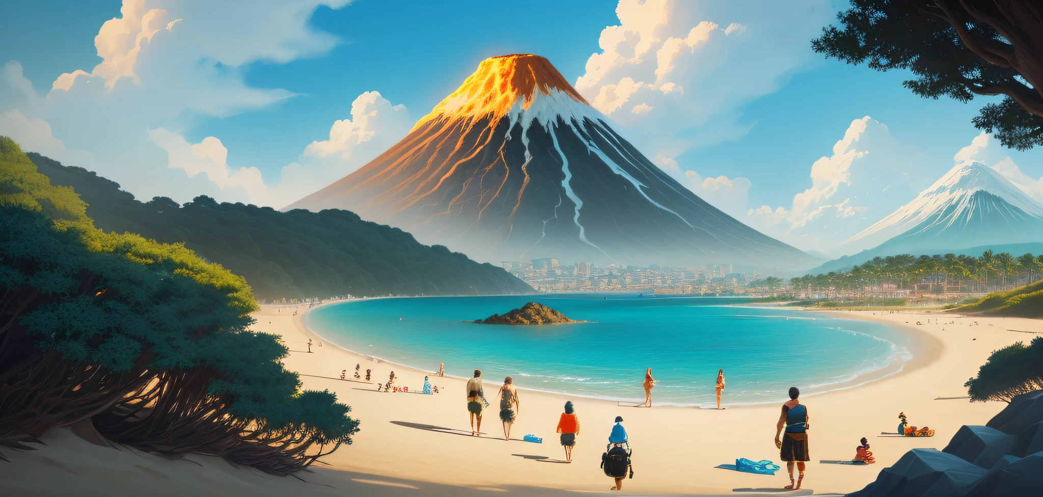 Cartoon of a beach scene with people on the sand and a volcano with surrounding forest and a city, Game Illustration, arte de fundo, stylized digital illustration, arte estilizada do jogo, mobile game art, Design de ambiente de jogo 2D, Captura de tela oficial, arte conceitual estilizada, pintado como uma arte conceitual de jogo, cena detalhada, detailed game art illustration, arte conceitual para um videogame
