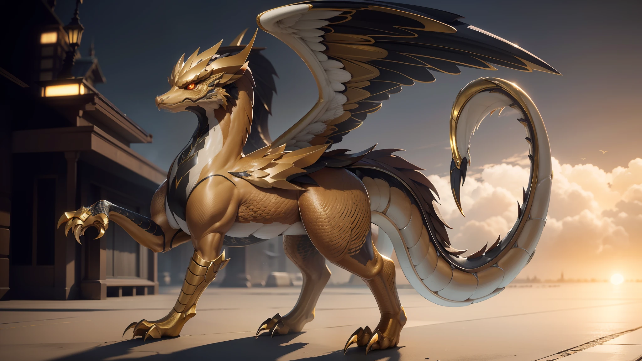 drak,Realistic golden dragon,detailed scale,sharp talons,featheredwings,Walking down the street,In the daytime,sunny clear sky, Minimalist, Digital photography, High contrast, directional and harsh lighting, magical, intense and tense atmosphere, photography with 50mm lens, Shallow depth of field, maximum focus, hdr, Textured, Symmetrical face, surface details, highly intricate detail, High definition, illusory engine, rendering by octane, surreal photo manipulation, Ultra photo realsisim