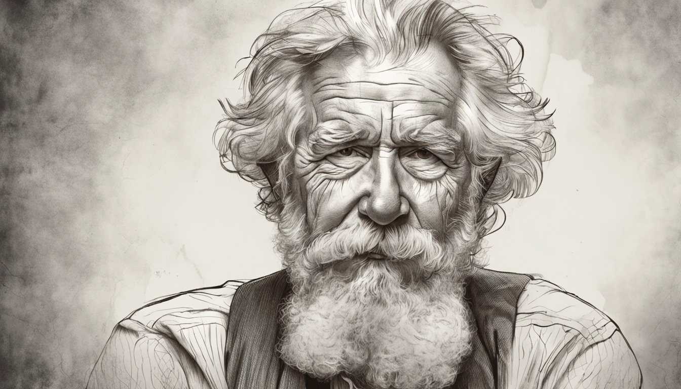 /imagine prompt: Um retrato emocionante de Mark Twain emoldurado, a luz suave ilumina o seu rosto enrugado, Every detail of his white beard and piercing eyes is highlighted, transmitindo sabedoria e humor, Pencil illustration style, meticulous strokes and paper texture visible, --ar 9:16 --v 5