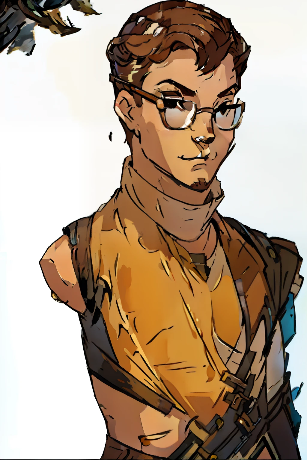 A white man with brown hair slightly rounded face pointed nose wearing a glasses, usando uma roupa social estilo portrait de perfil