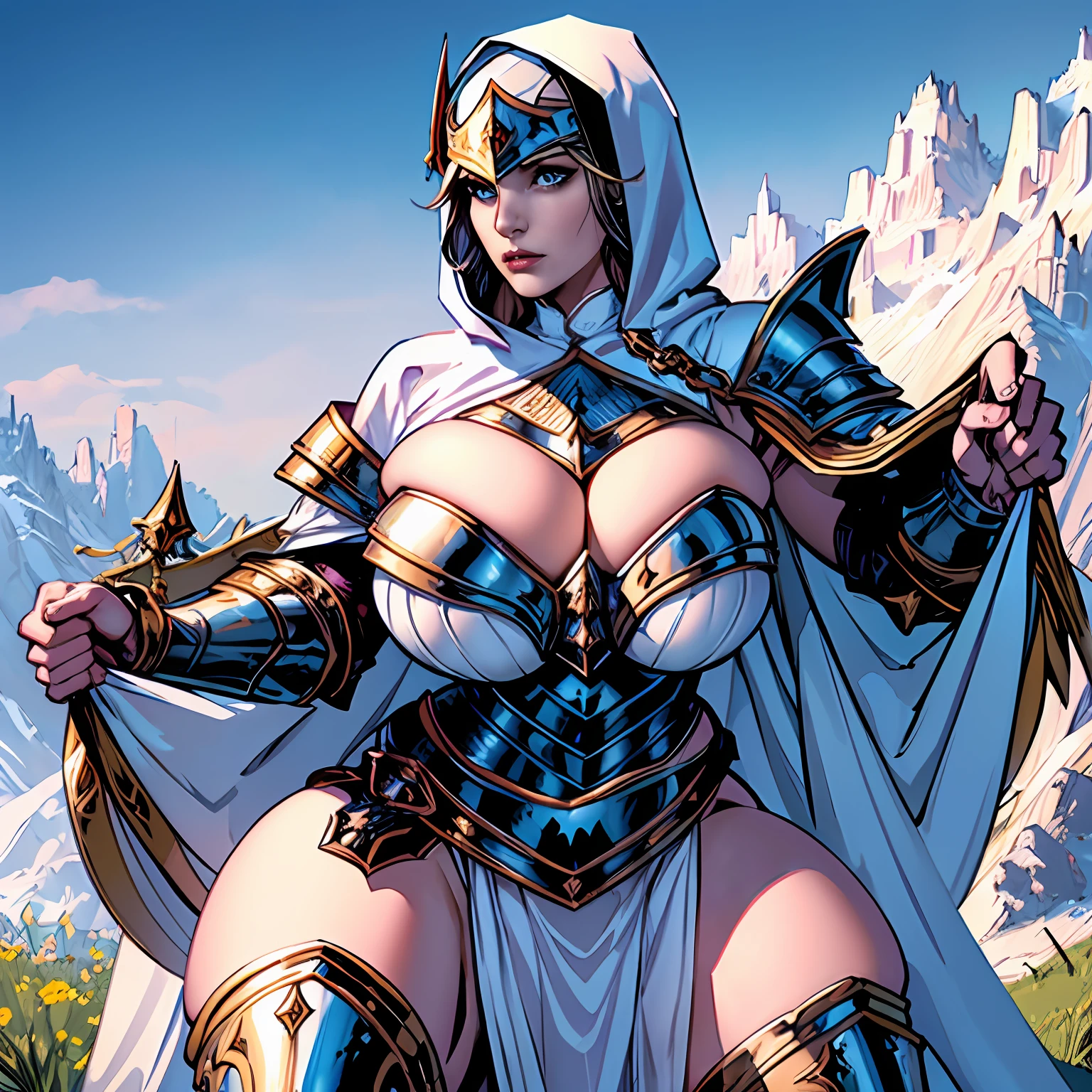 (masterpiece, top quality, best quality, official art, beautiful and aesthetic:1.2), (1girl:1.3), light freckles, fair skin, extremely detailed, portrait, looking at viewer, solo, (full body:0.6), detailed background, close up, (warm grasslands theme:1.1), holy paladin knight, charlatan, smirk, mysterious, swaying in mountains, skimpy attire, ornate white and gold armor, cowl, nun hood, wimple, cowl, robe, chain mail, chainmail, breastplate, tabard, gorget, hood, pauldrons, greaves, armored, long boots, longsword, shield, cape, cloak, white fabric, pale leather, ((((gigantic breasts)))), slim waist, slim hips, long legs, medieval (mountain exterior:1.1) background, dark mysterious lighting, shadows, magical atmosphere, dutch angle,