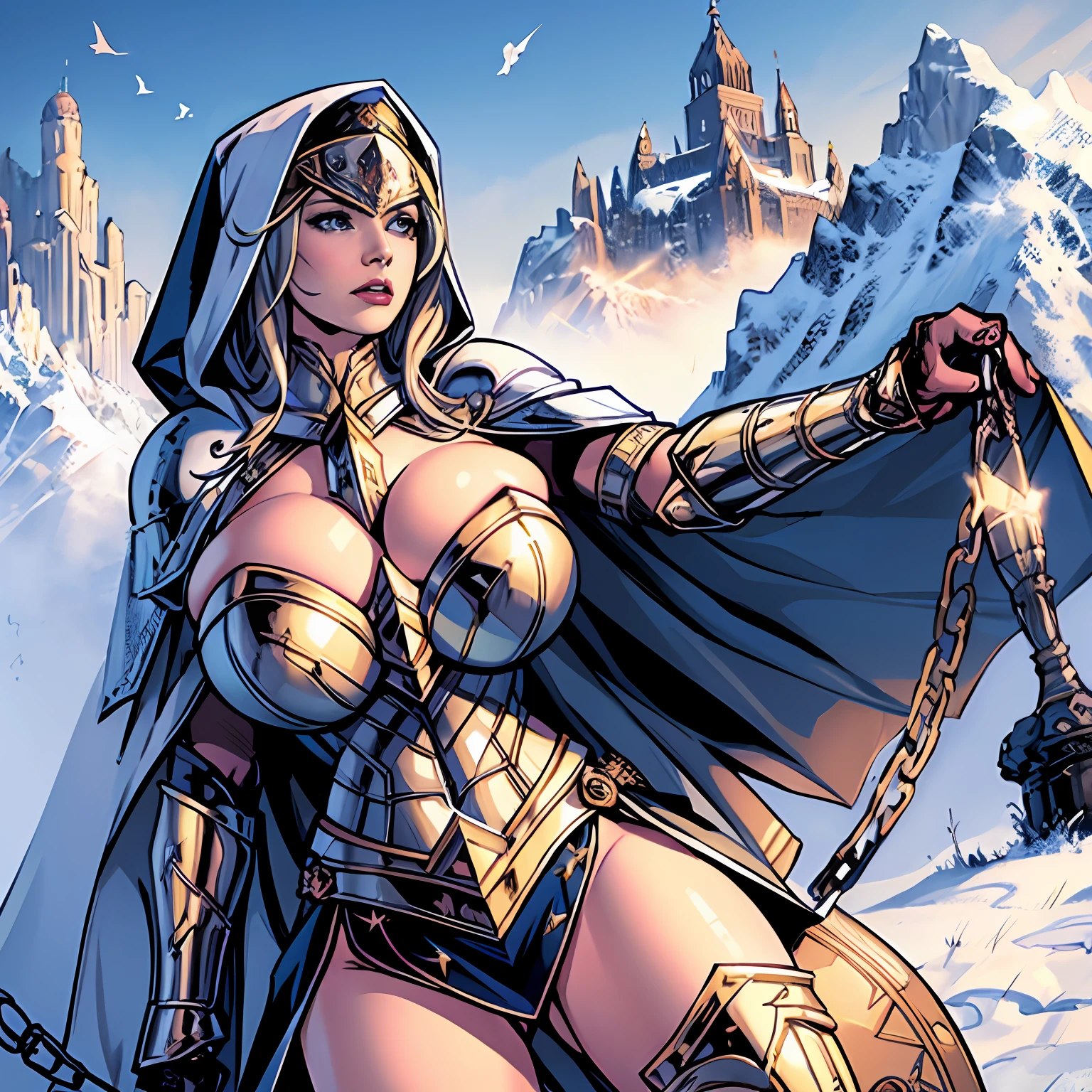 (masterpiece, top quality, best quality, official art, beautiful and aesthetic:1.2), (1girl:1.3), light freckles, fair skin, extremely detailed, portrait, looking at viewer, solo, (full body:0.6), detailed background, close up, (warm grasslands theme:1.1), holy paladin knight, charlatan, smirk, mysterious, swaying in mountains, skimpy attire, ornate white and gold armor, cowl, nun hood, wimple, cowl, robe, chain mail, chainmail, breastplate, tabard, gorget, hood, pauldrons, greaves, armored, long boots, longsword, shield, cape, cloak, white fabric, pale leather, ((((gigantic breasts)))), slim waist, slim hips, long legs, medieval (mountain exterior:1.1) background, dark mysterious lighting, shadows, magical atmosphere, dutch angle,