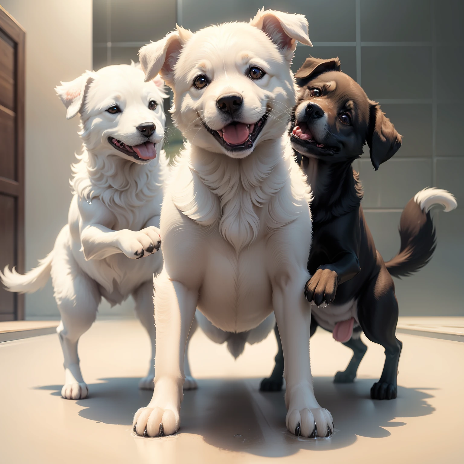 In the image in high resolution and high definition, We can see an adorable wet dog after his bath. It is in a bright and spacious environment, onde a luz do sol entra pelas janelas, highlighting the drops of water that still cover your soft coat. The dog is standing on a shiny tiled surface, and their paws are delicately resting on the edges of a fuzzy carpet. Com um olhar animado e orelhas levantadas, The dog swings its body from side to side, in a funny attempt to get rid of the remaining drops of water. Some droplets are in the air, capturando o movimento do cachorro no momento exato em que ele abana o corpo. Their happy expression and shaking action perfectly capture the contagious joy and playful spirit of the dogs after a refreshing bath