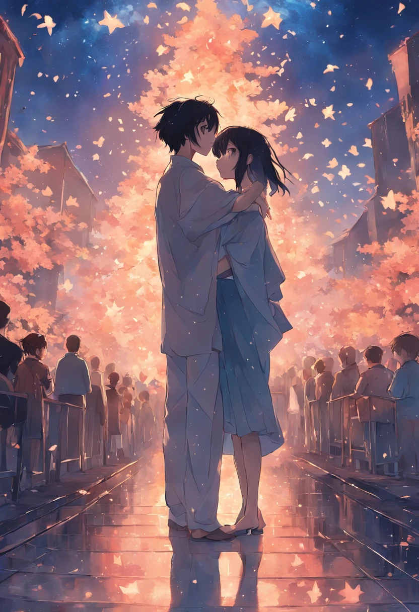dream colors,tmasterpiece,the detail,starryskybackground,Clouds,Light and shadow effects,film effect,Rich in color,((A couple)),Embrace each other,((((In kissing)))),Petals rained down,Full moon night,Blooming with flowers,blurryforeground,Depth of field effect,A half body
