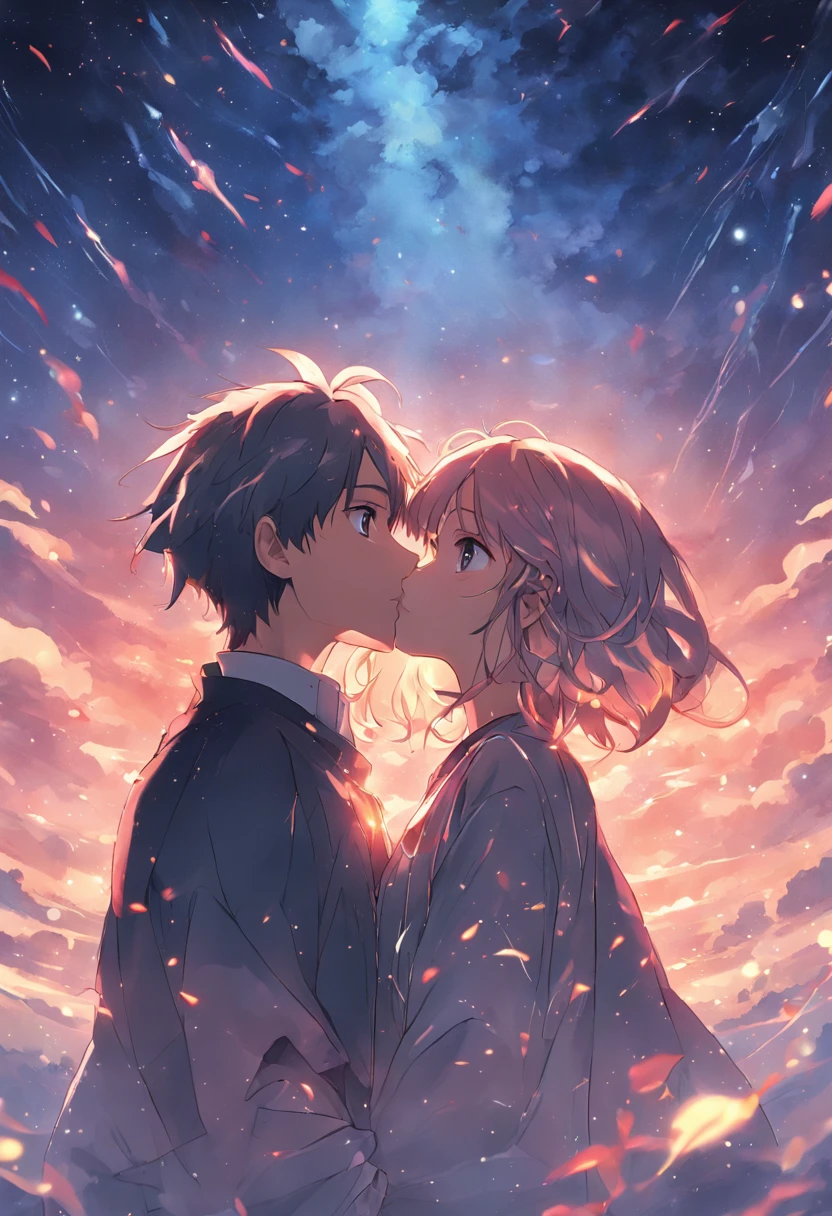 dream colors,tmasterpiece,the detail,starryskybackground,Clouds,Light and shadow effects,film effect,Rich in color,((A couple)),Embrace each other,((((In kissing)))),Petals rained down,Full moon night,Blooming with flowers,blurryforeground,Depth of field effect,A half body
