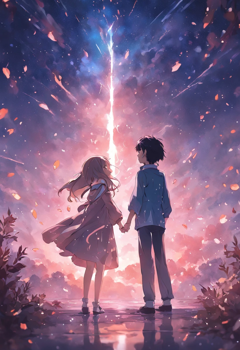 dream colors,tmasterpiece,the detail,starryskybackground,Clouds,Light and shadow effects,film effect,Rich in color,((A couple)),Embrace each other,((((In kissing)))),Petals rained down,Full moon night,Blooming with flowers,blurryforeground,Depth of field effect,A half body