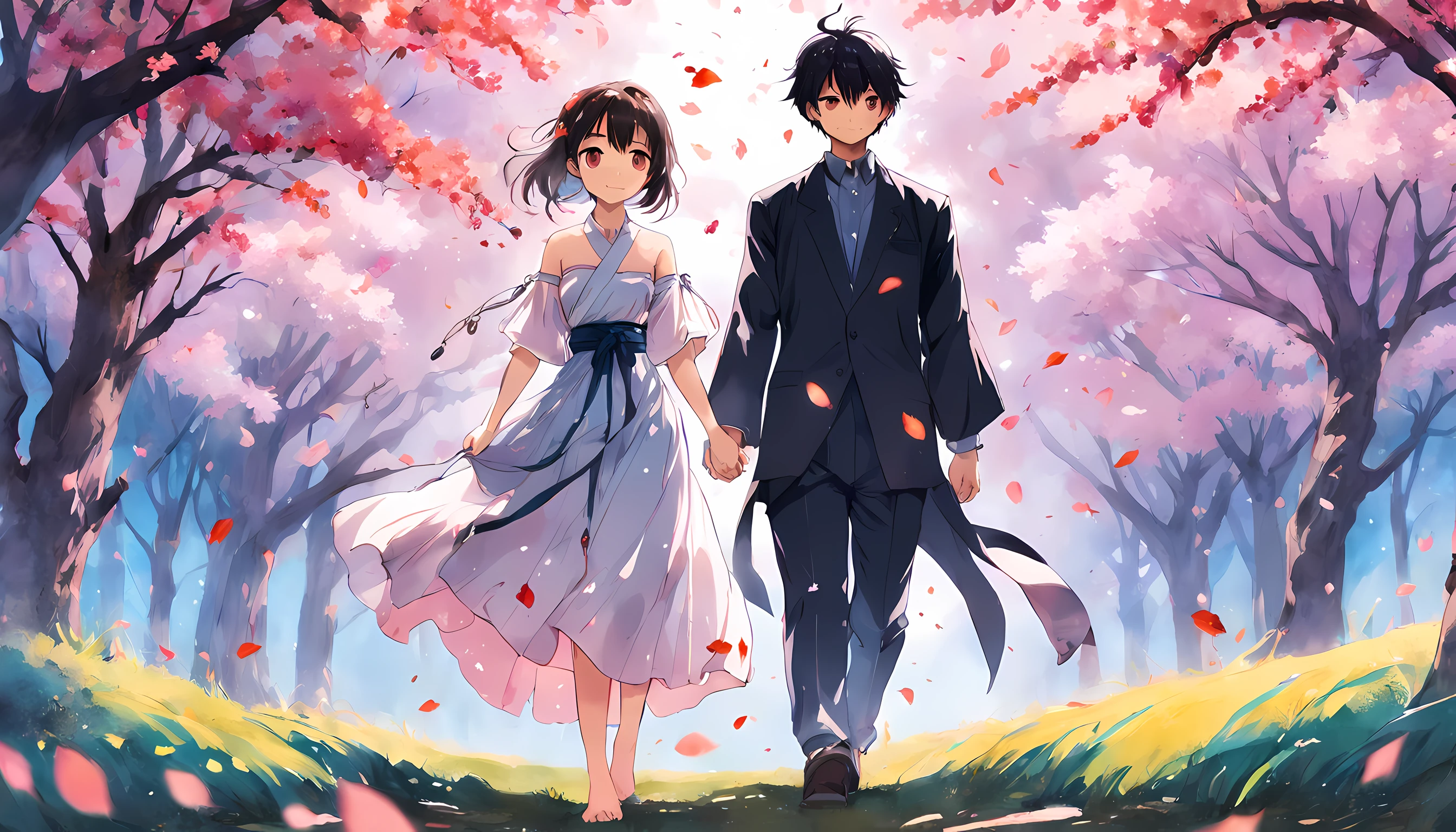 Works of masters,Best image quality,(Photorealsitic:1.3),16K resolution,(Couple holding hands under cherry blossom trees:1.5),(((prefect face))), ((Exquisite facial features)),((ink)),(aquarelle),bloom effect,detailed beautiful grassland with petals,flower,Butterfly,necklace,Smile,petals,(((It is surrounded by a large number of floating petals))),Dingdall effect