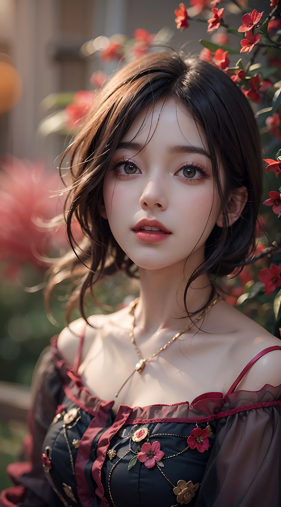 Beautiful young woman posing outside,A half body,Dreamy haze,In the style of Kawasy, Dark red and bright black,Webcam Photos, Detailed costumes, Rodenstock Imagon 300mm F/5.8, Realistic impression,Soothing tones,PastelColors,