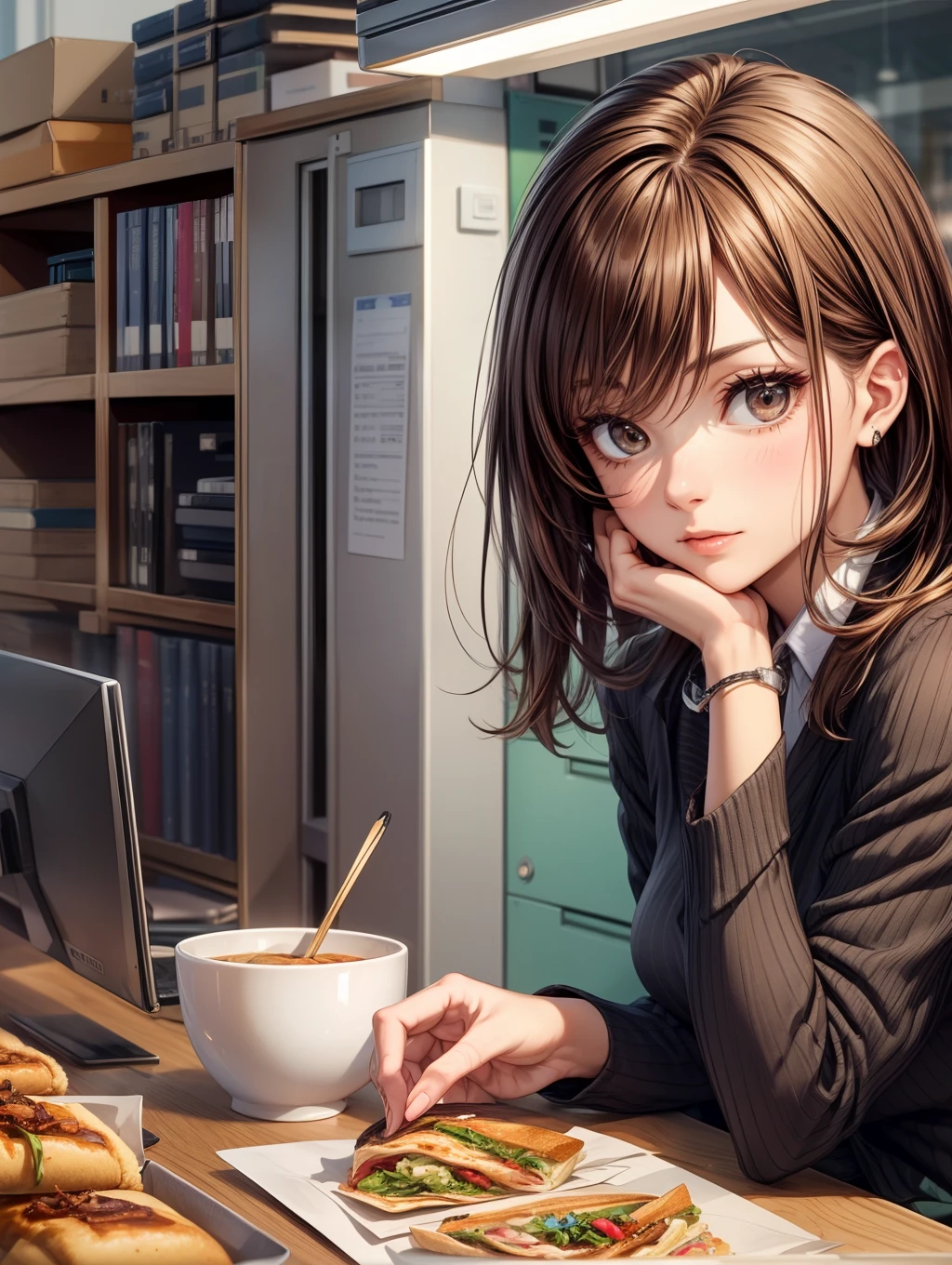 Best Quality, masutepiece, beautiful mature women、Beautiful face、Strong-minded woman、Office Suits、brown haired、Brown-eyed、Medium Hair、40 years、adult lady、s Office、Eat panini