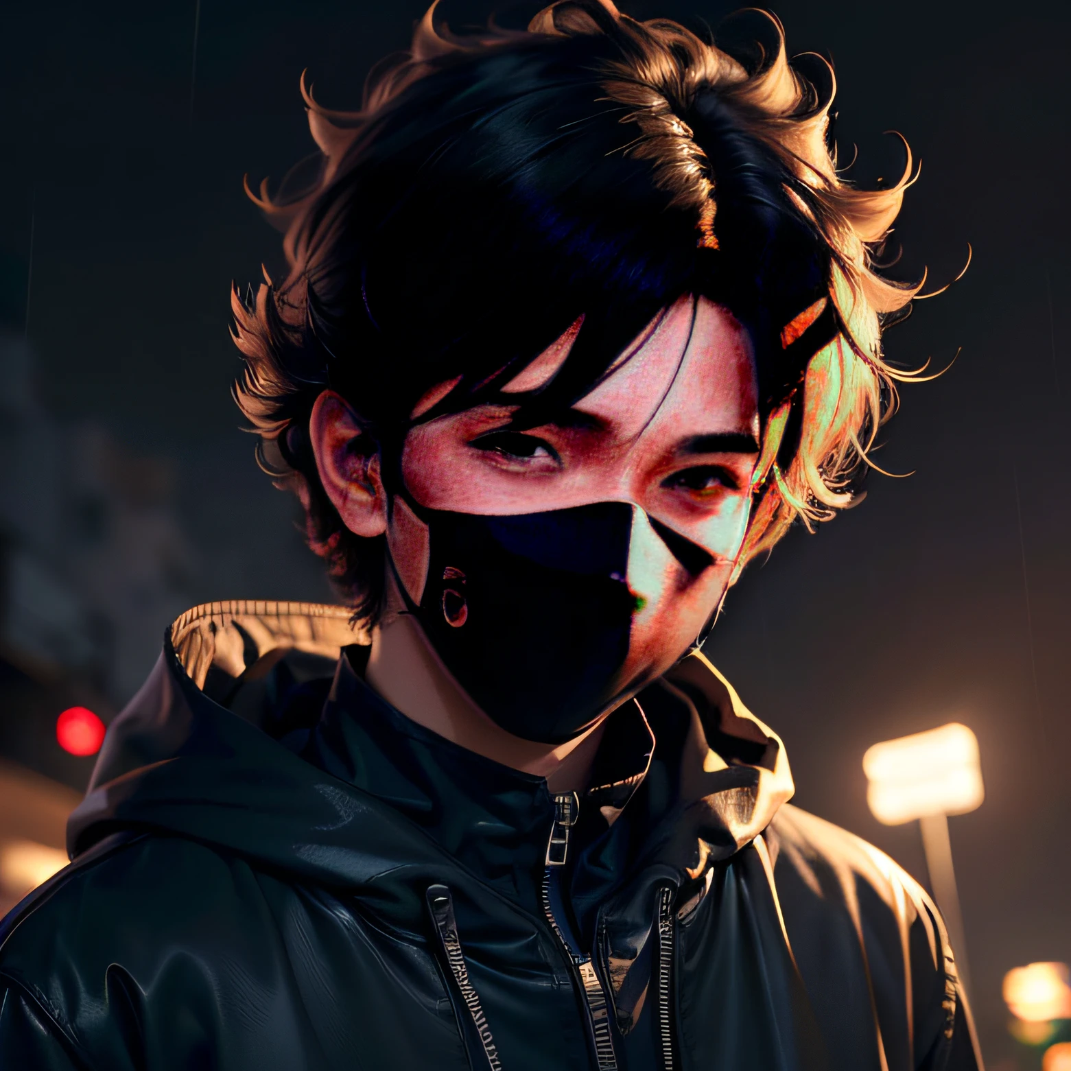 , mid hair, estilo dos desenhos animados, anime, mask on face , Sorriso leve, Estilo escuro, Noite, chuva