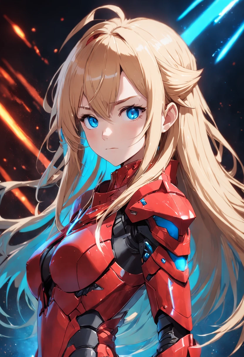1girl , long blonde hair , sharp asian blue eyes , wearing red sci fi armour , shallow depth of field , (studio photography) , cinematic lighting, gorgeous shot,portrait shot, ((looking at viewer)), slight smile, simple backround, upper body shot, dark background, menacing stare, full body view