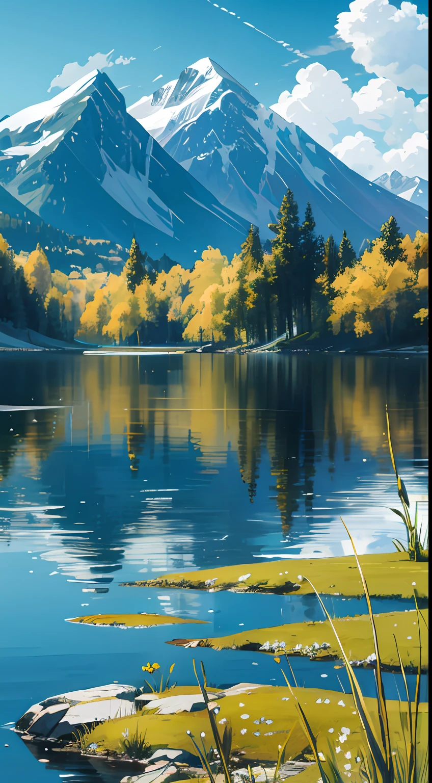 , masterpiece, best quality, 8k, absurdres, water surface, summer, noon, sunlight, blue sky, perspective, depth of field, highres, fine details, ultra-detailed, serene sharp focus of a lake with the sun beating, where a person stands on top of a leaf, highlighting the following elements:
The lake should be depicted in a calm and clear way, reflecting the sunlight.
The sun should be in evidence, radiating rays of light over the scene.
The person should be positioned on top of a leaf, conveying a sense of balance and connection with nature.
The environment around the lake may contain natural elements such as trees, flowers or mountains in the background.
Use soft and harmonious colors to convey the serenity of the scene.
Ensure that the image is visually pleasing and conveys a sense of tranquility. |