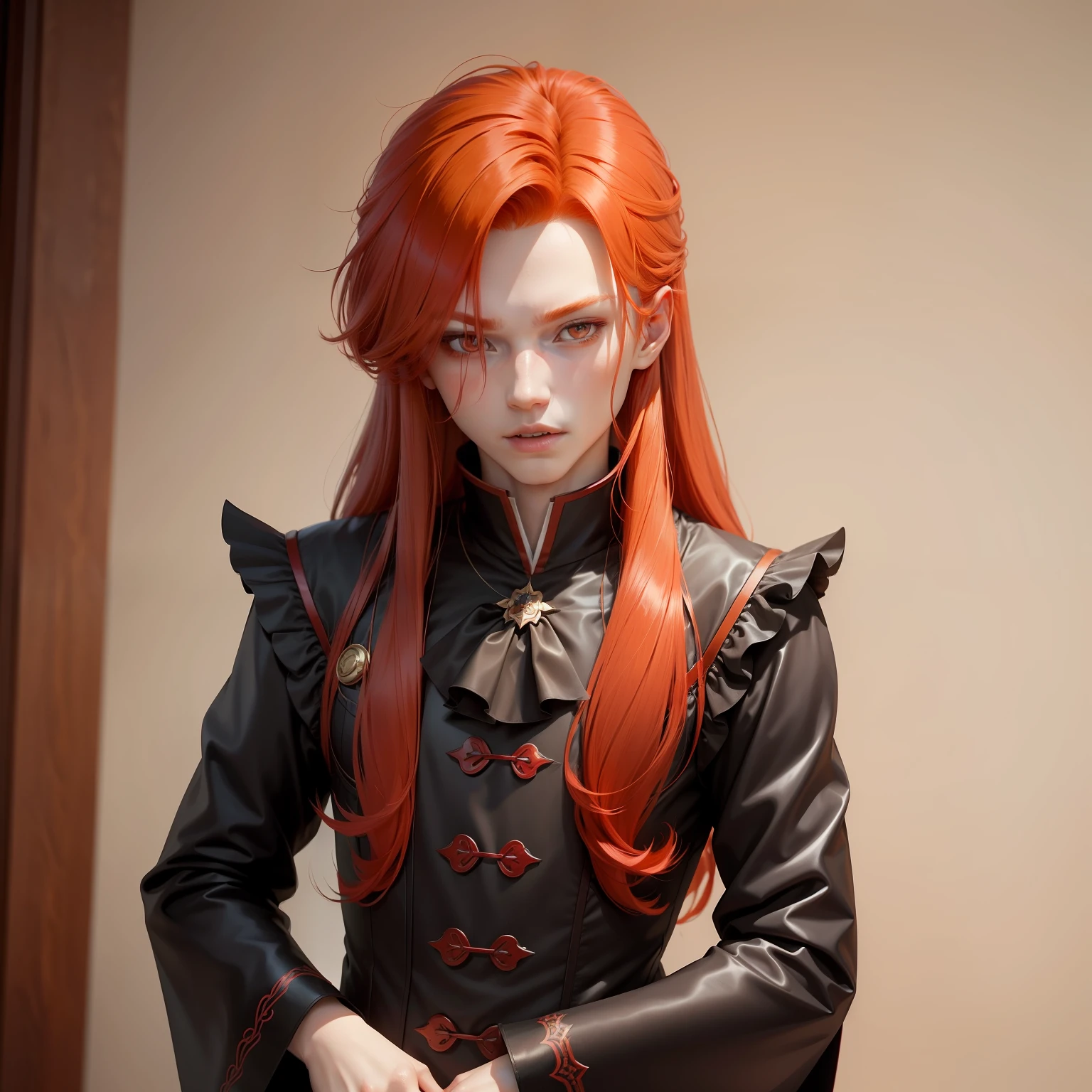 A close-up,Displays a red-haired character。The character is a hermaphroditic vampire,There are red hair,He is a beautiful androgynous prince。He is also an orange-haired boy。His image is delicate,It looks like a character from anime cosplay,Has long red hair。The age is about 17 years。