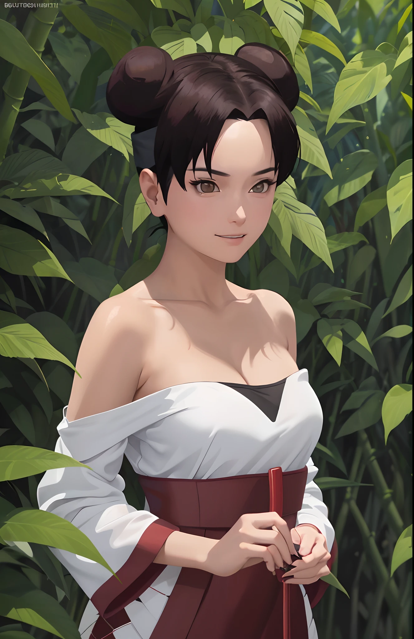 tmasterpiece, best quality, 1girl, butterflys, the night, The upper part of the body,cleavage,White clothes,bamboo forrest,ninjartist,Off-the-shoulder attire,looks into camera,Be red in the face,ssmile,largeeyes,Close-up