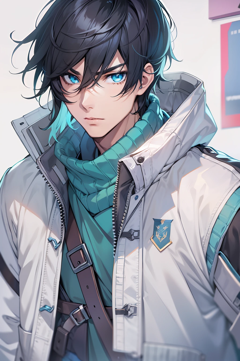 Medium black hair, Blue eyes, Man in a blue jacket and white vest, detailed anime character art, illustratio