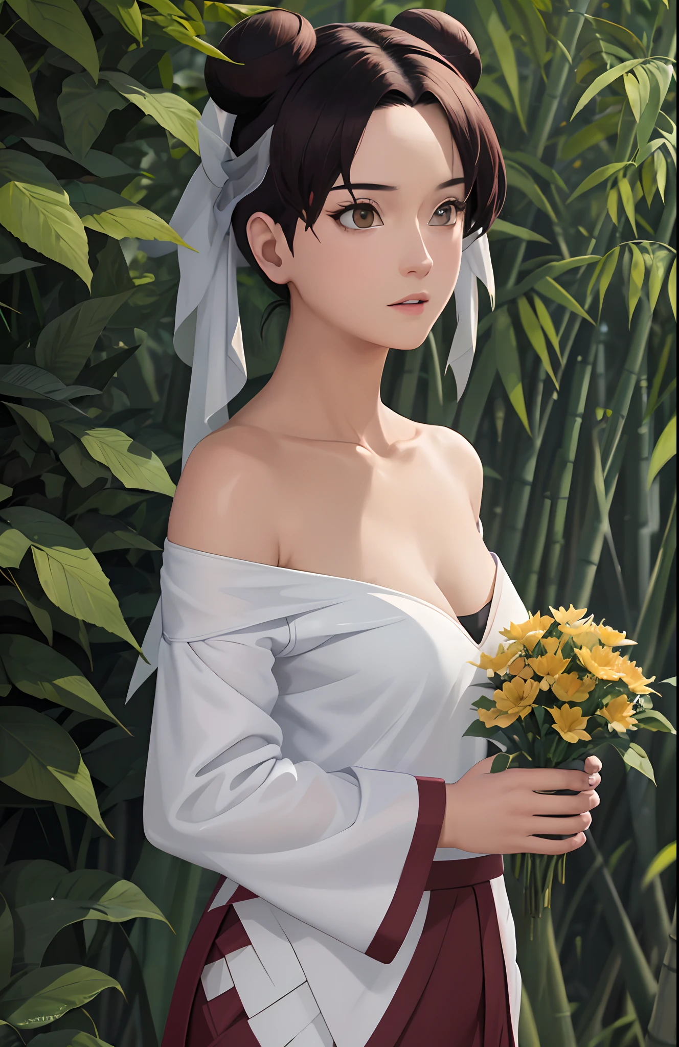 tmasterpiece, best quality, 1girl, butterflys, the night, The upper part of the body,cleavage,White clothes,bamboo forrest,ninjartist,Off-the-shoulder attire