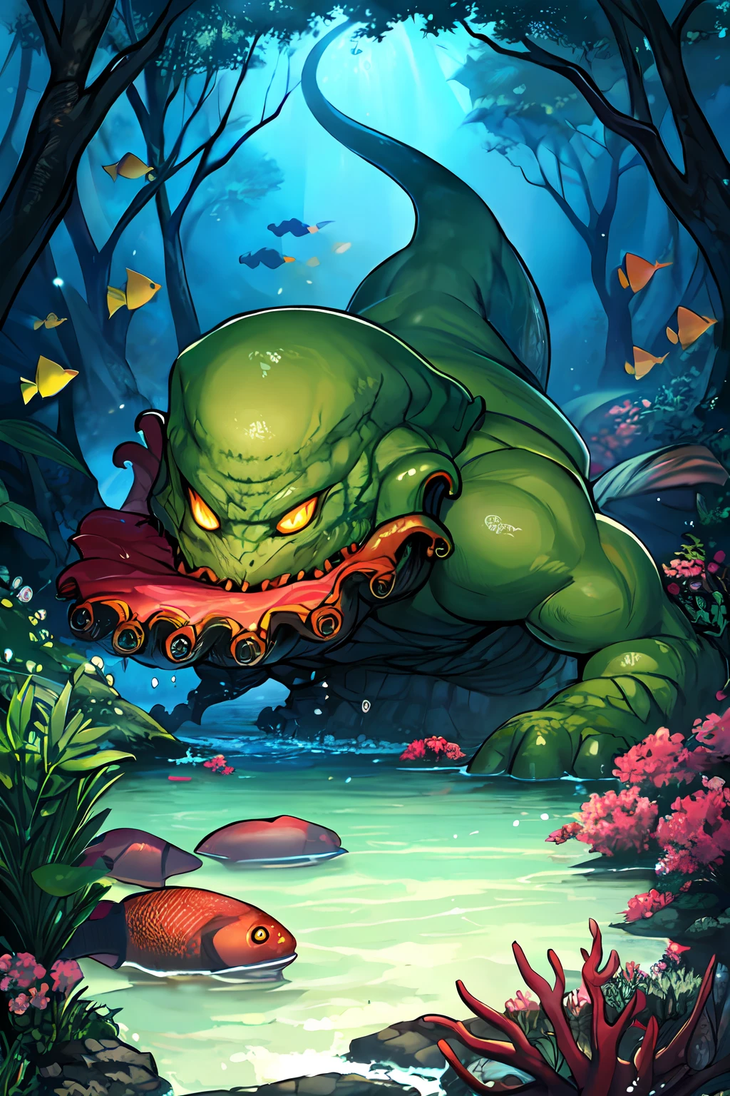 Cthulhu,monster,fish,tentaculata，Dark Forest，reef，Stream