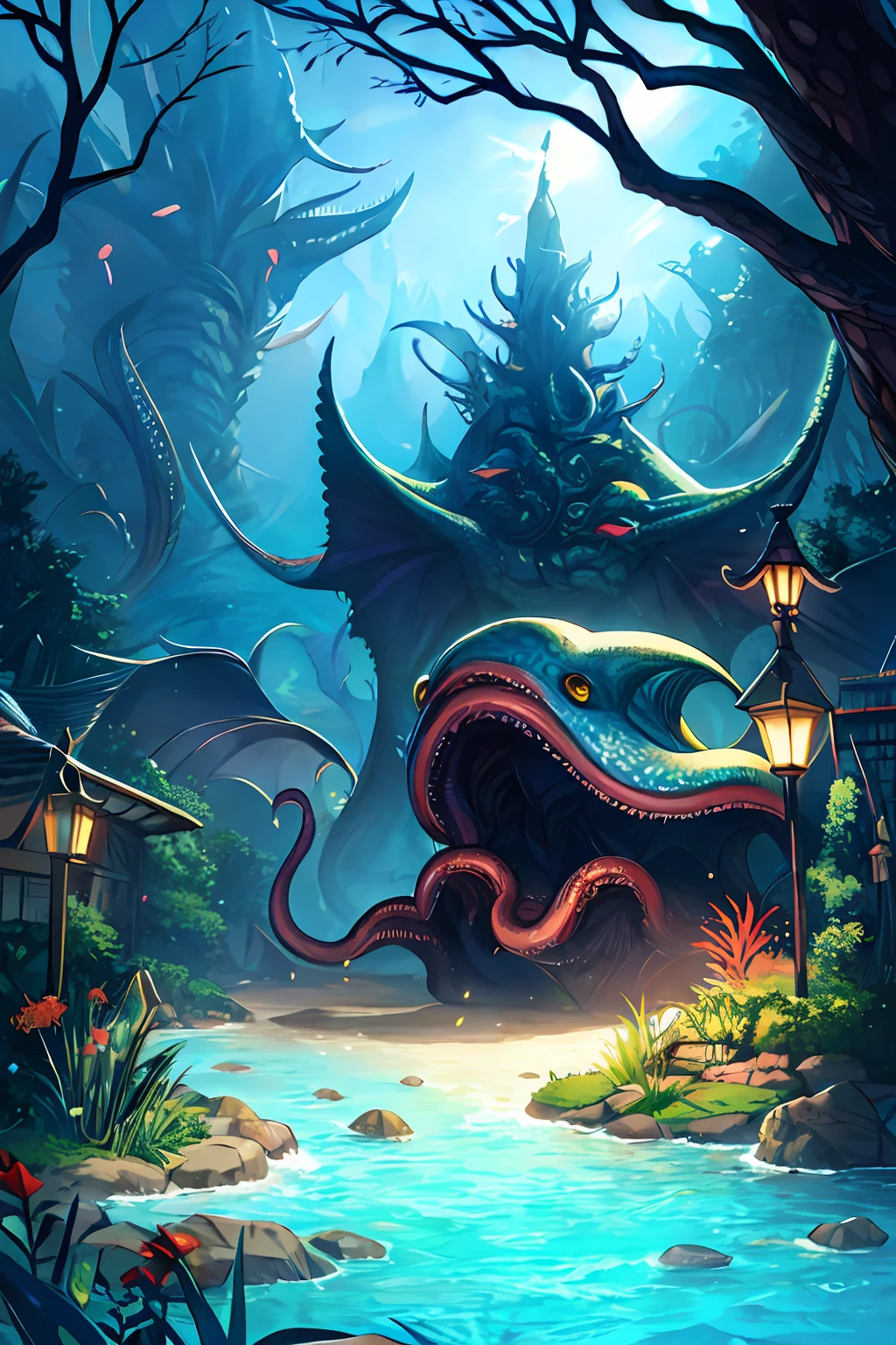 Cthulhu,monster,fish,tentaculata,Dark Forest,reef,Stream